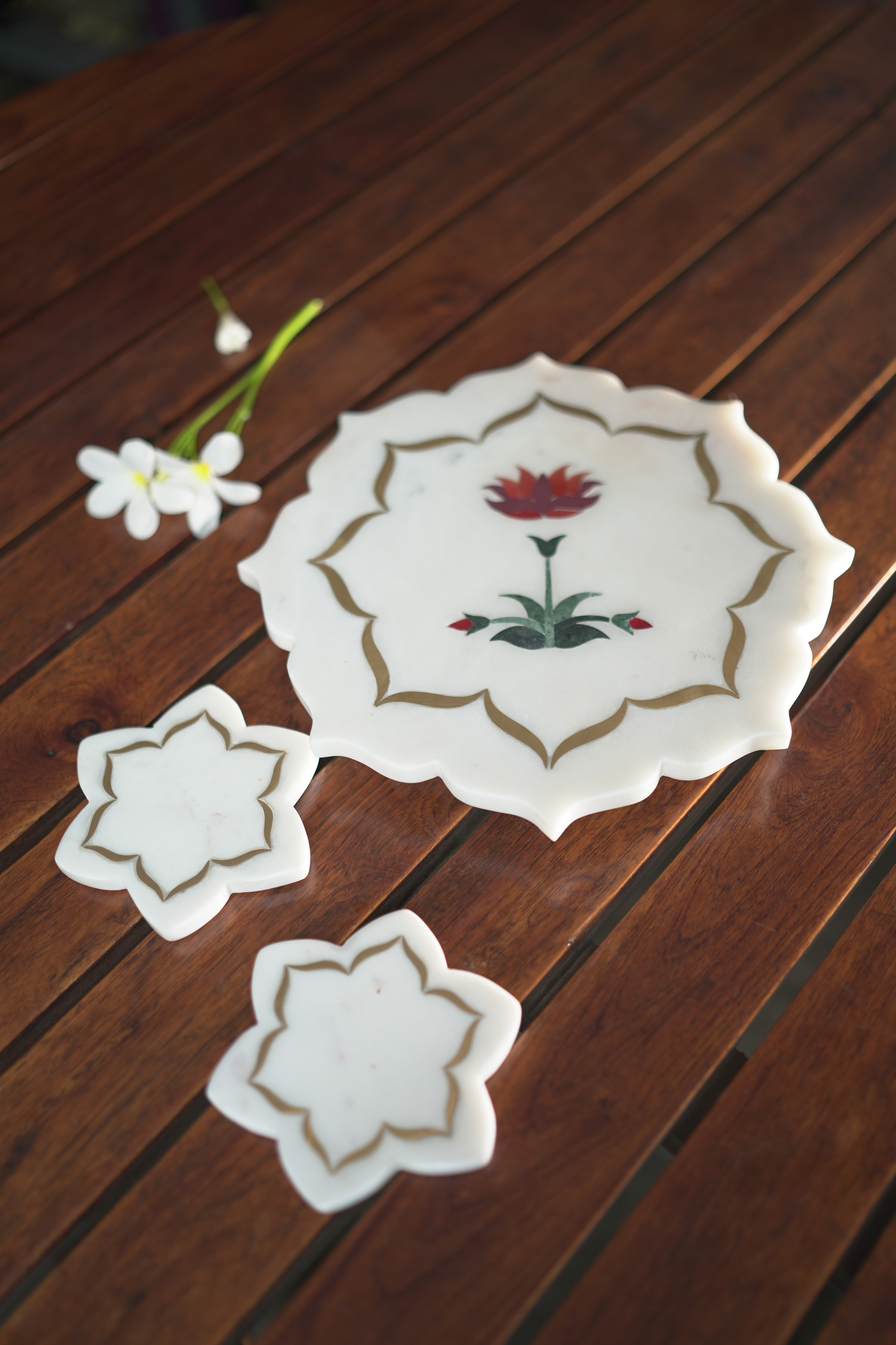Pichwai Lotus Marble Thali and Coaster Set - Image 2
