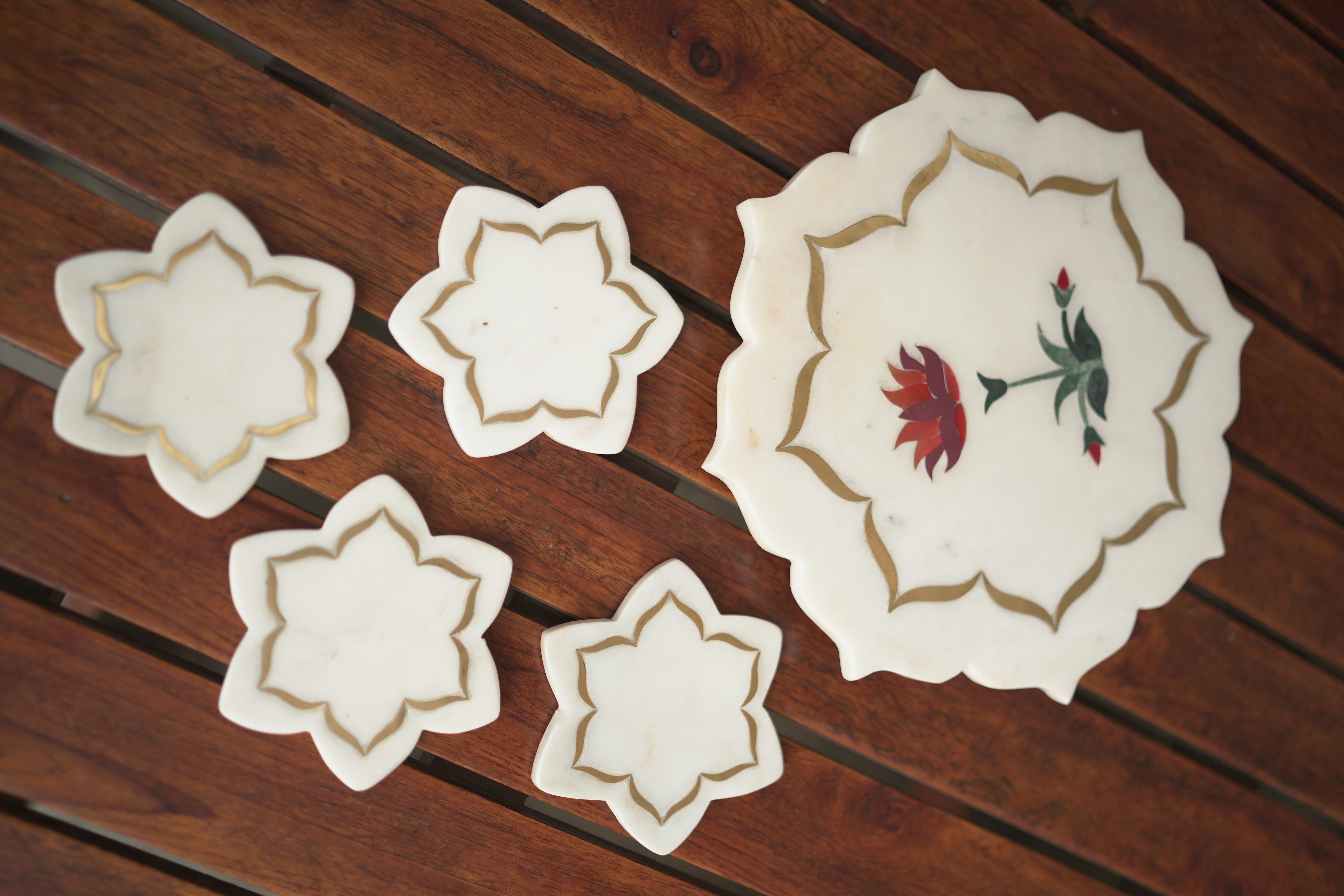 Pichwai Lotus Marble Thali and Coaster Set - Image 7