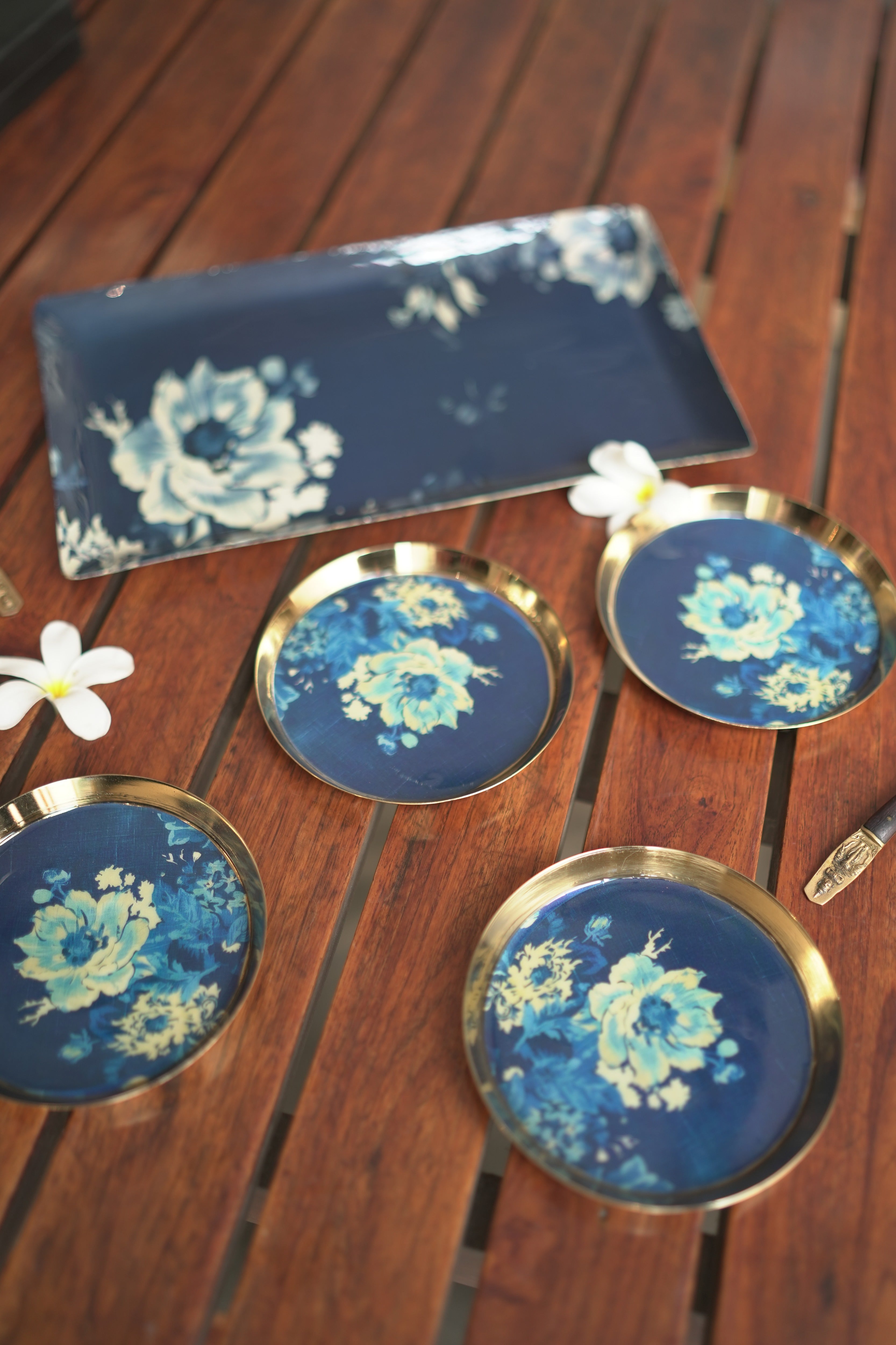 Blue Floral Metal Platter and Bowl Set - Image 2