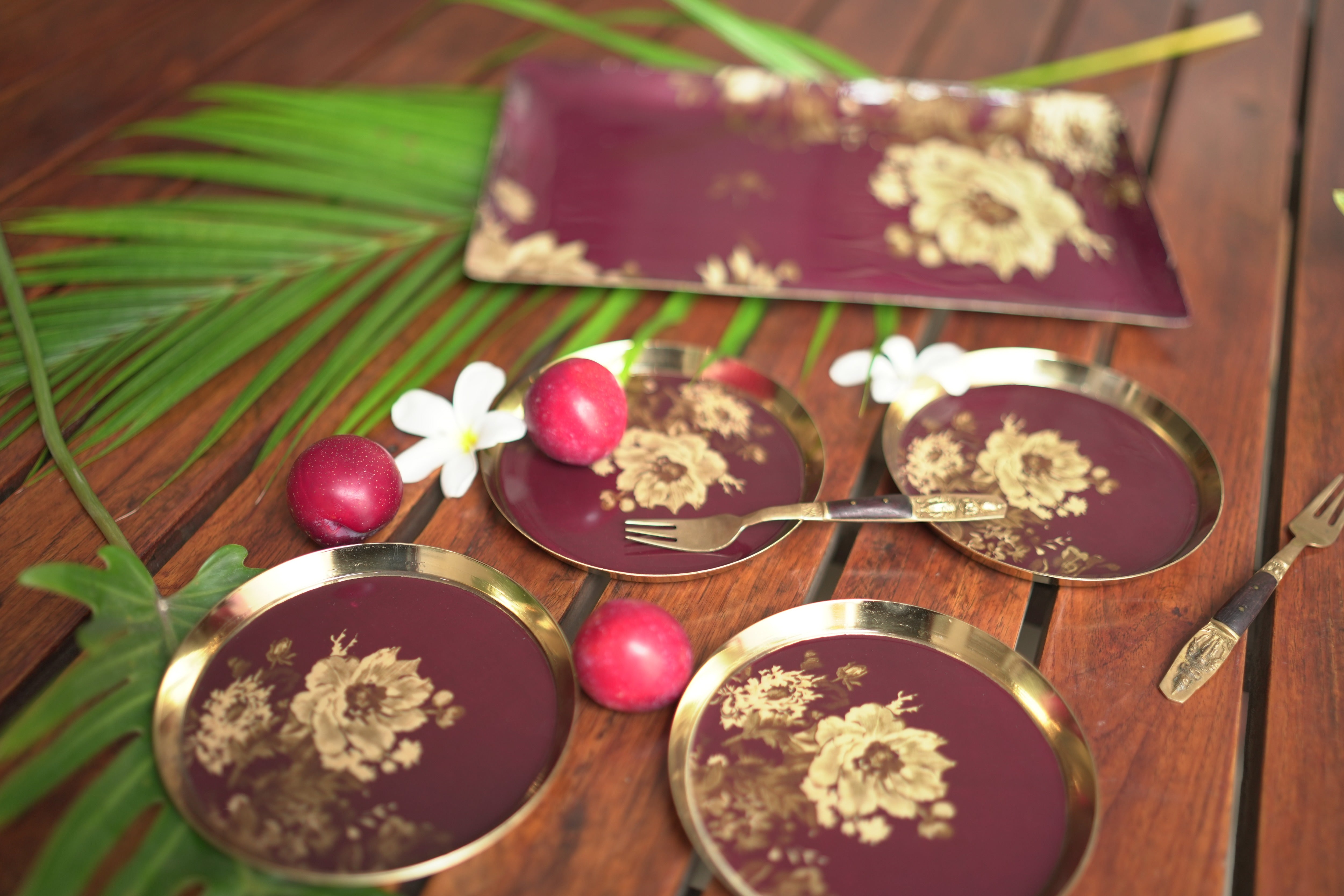 Burgundy Floral Metal Tray and Bowl Set - Image 5