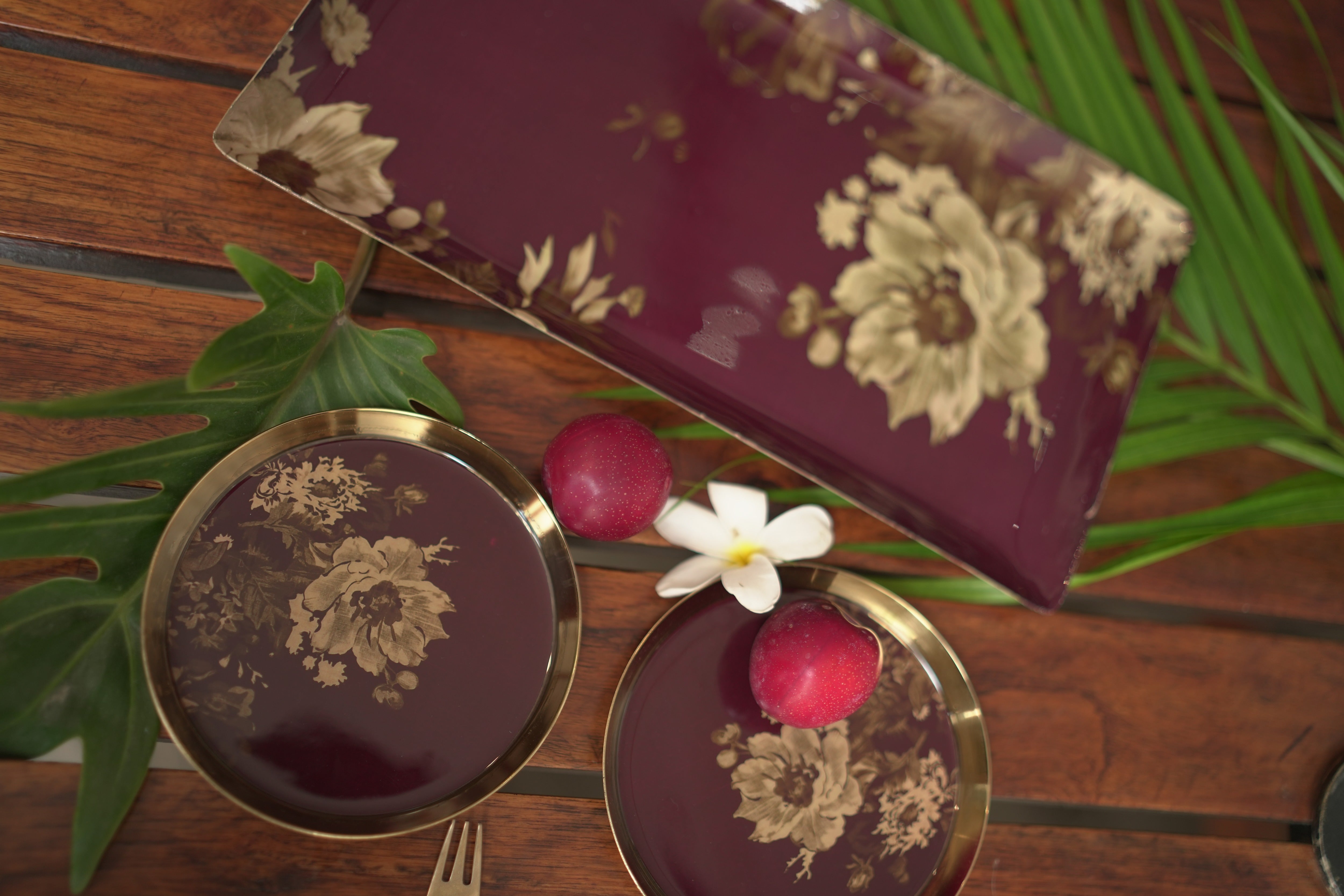 Burgundy Floral Metal Tray and Bowl Set - Image 6