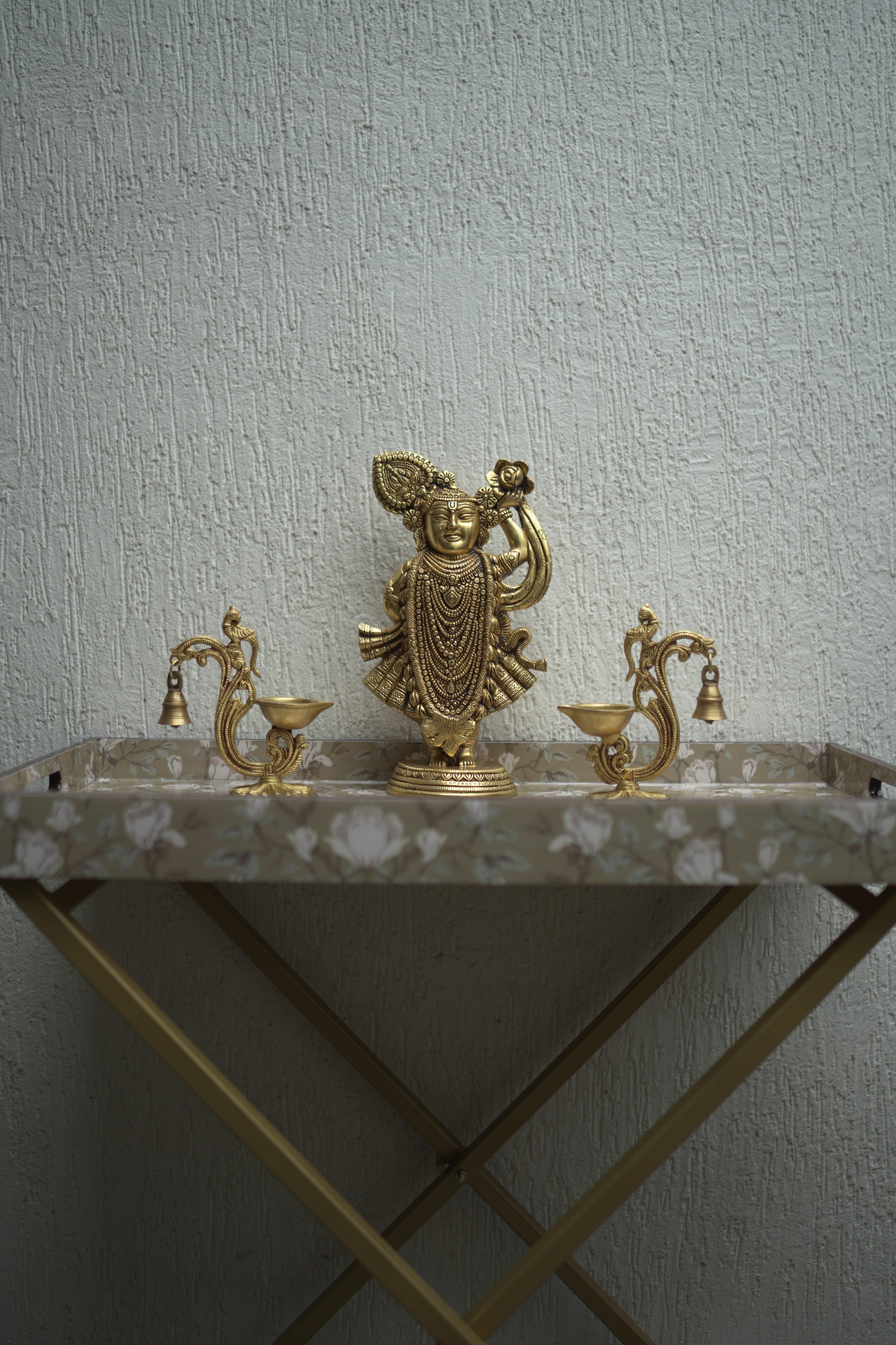 Shreenathji Brass Idol and Peacock Diya Set - Image 1