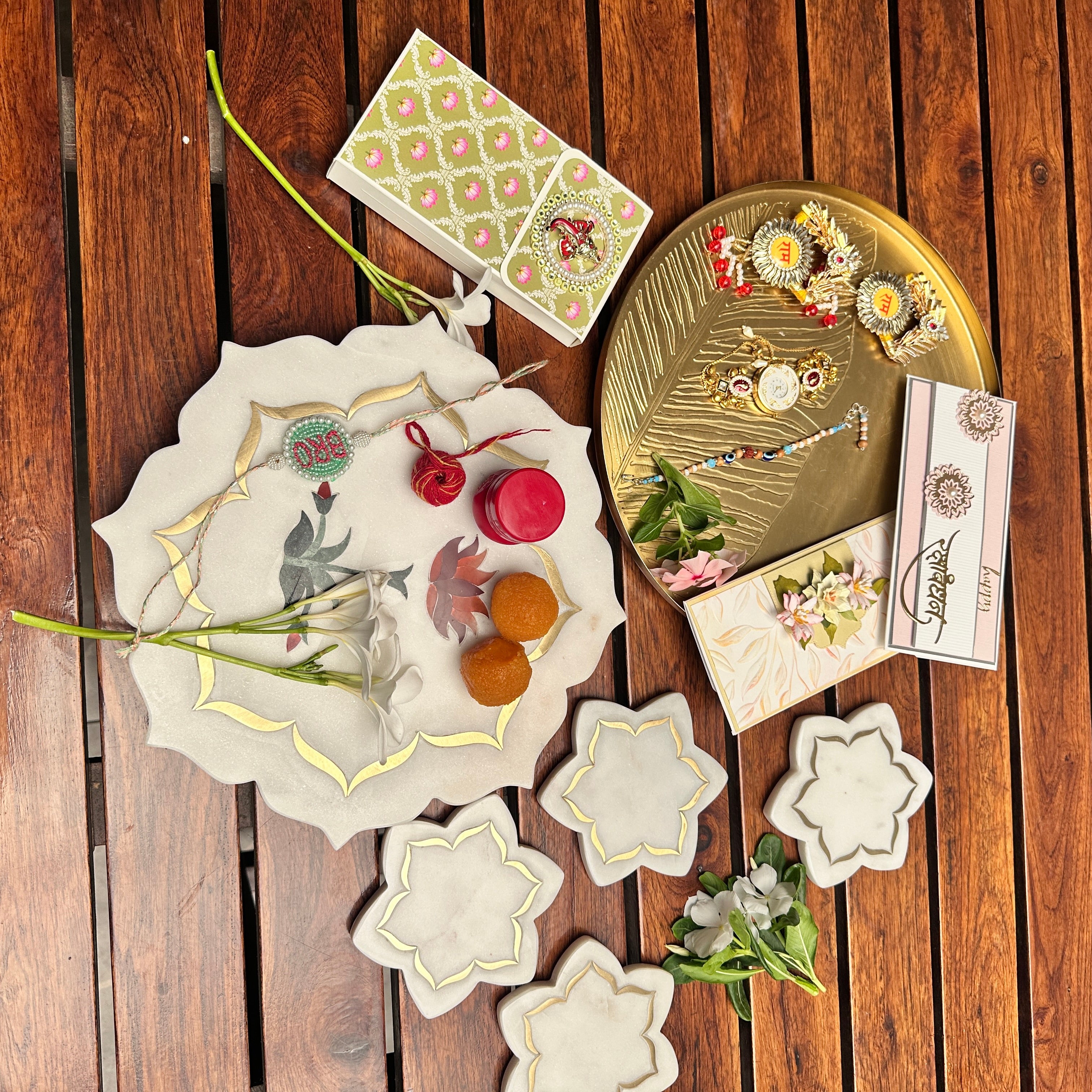 Pichwai Lotus Marble Thali and Coaster Set - Image 8