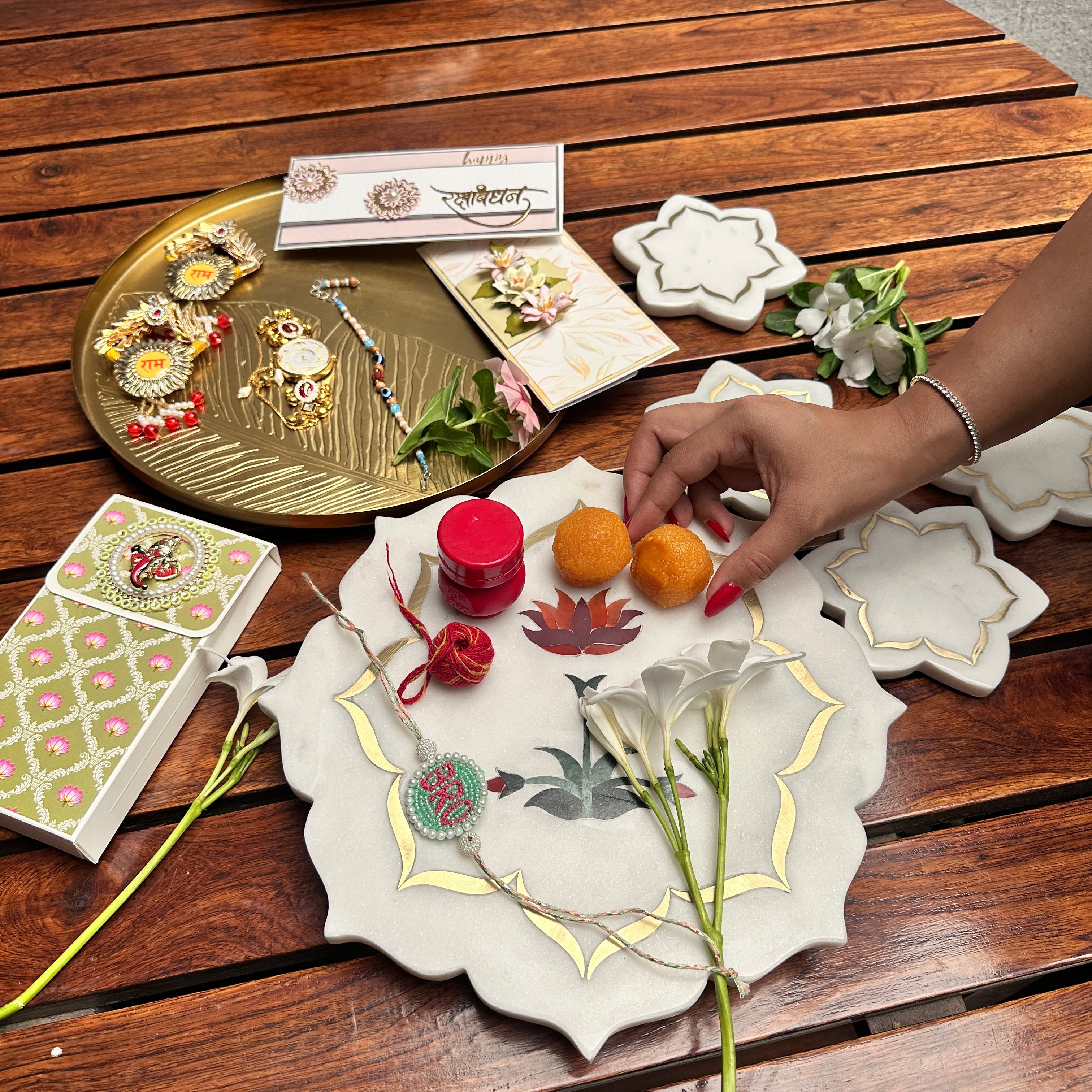 Pichwai Lotus Marble Thali and Coaster Set - Image 9