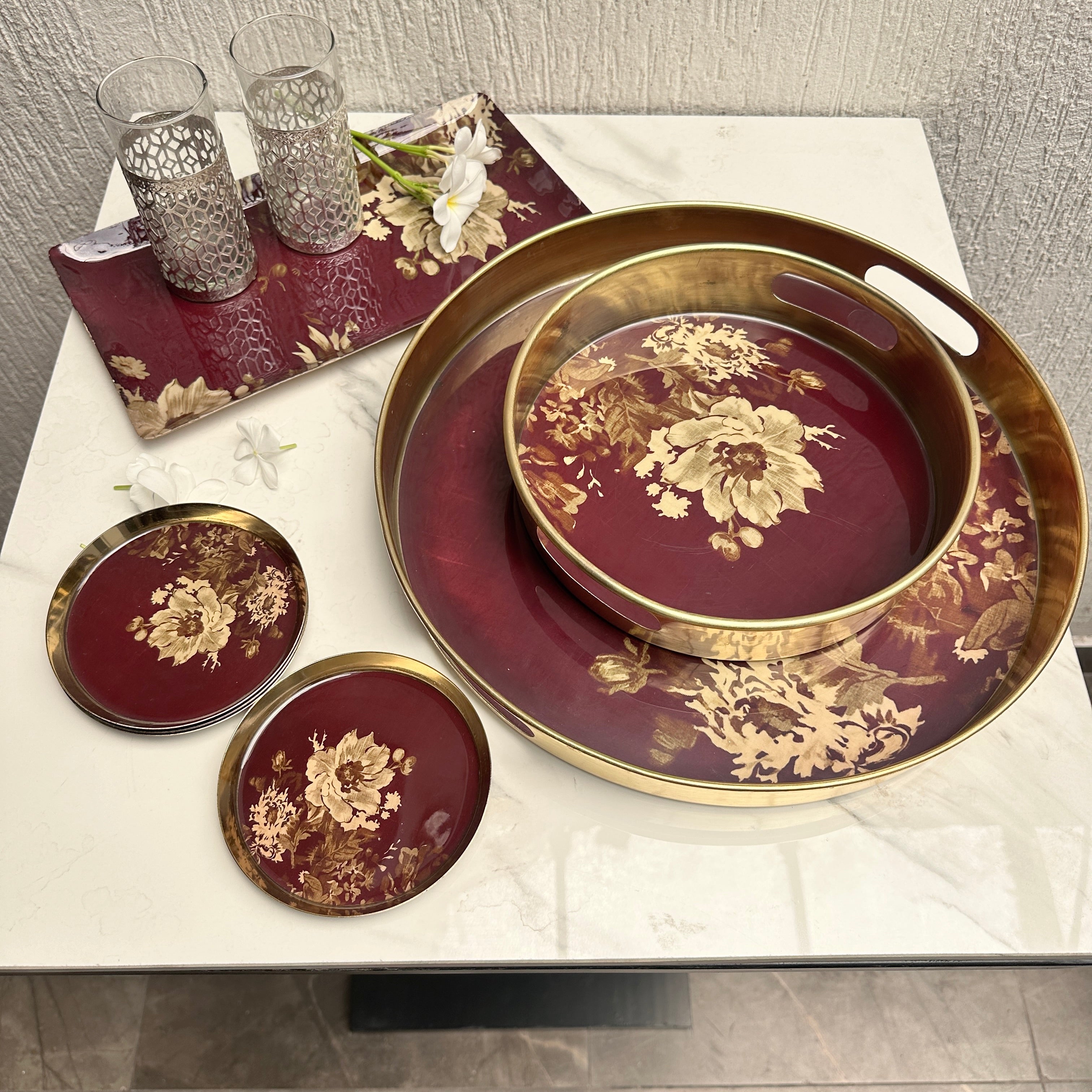 Burgundy Floral Metal Tray and Bowl Set - Image 1