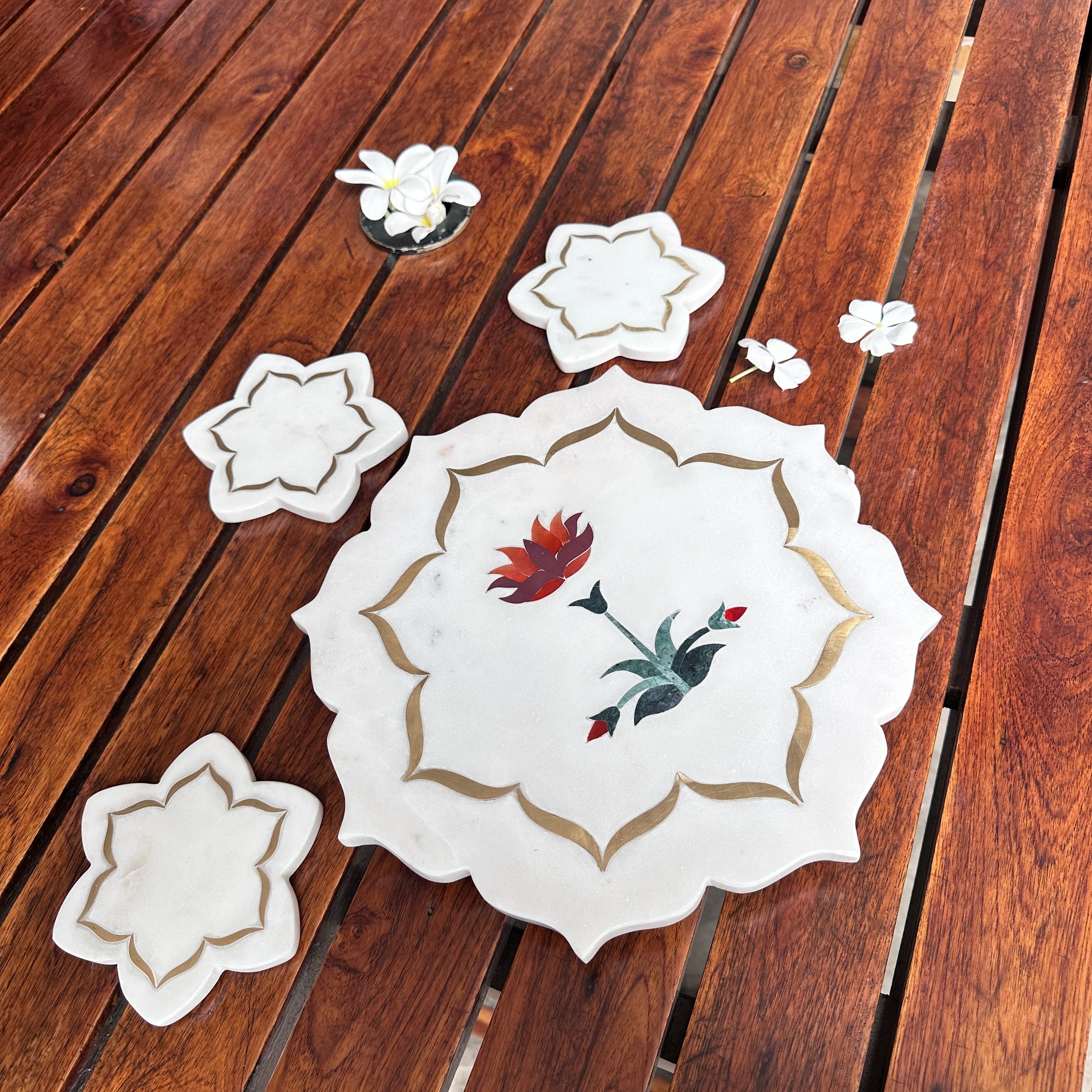 Pichwai Lotus Marble Thali and Coaster Set - Image 1