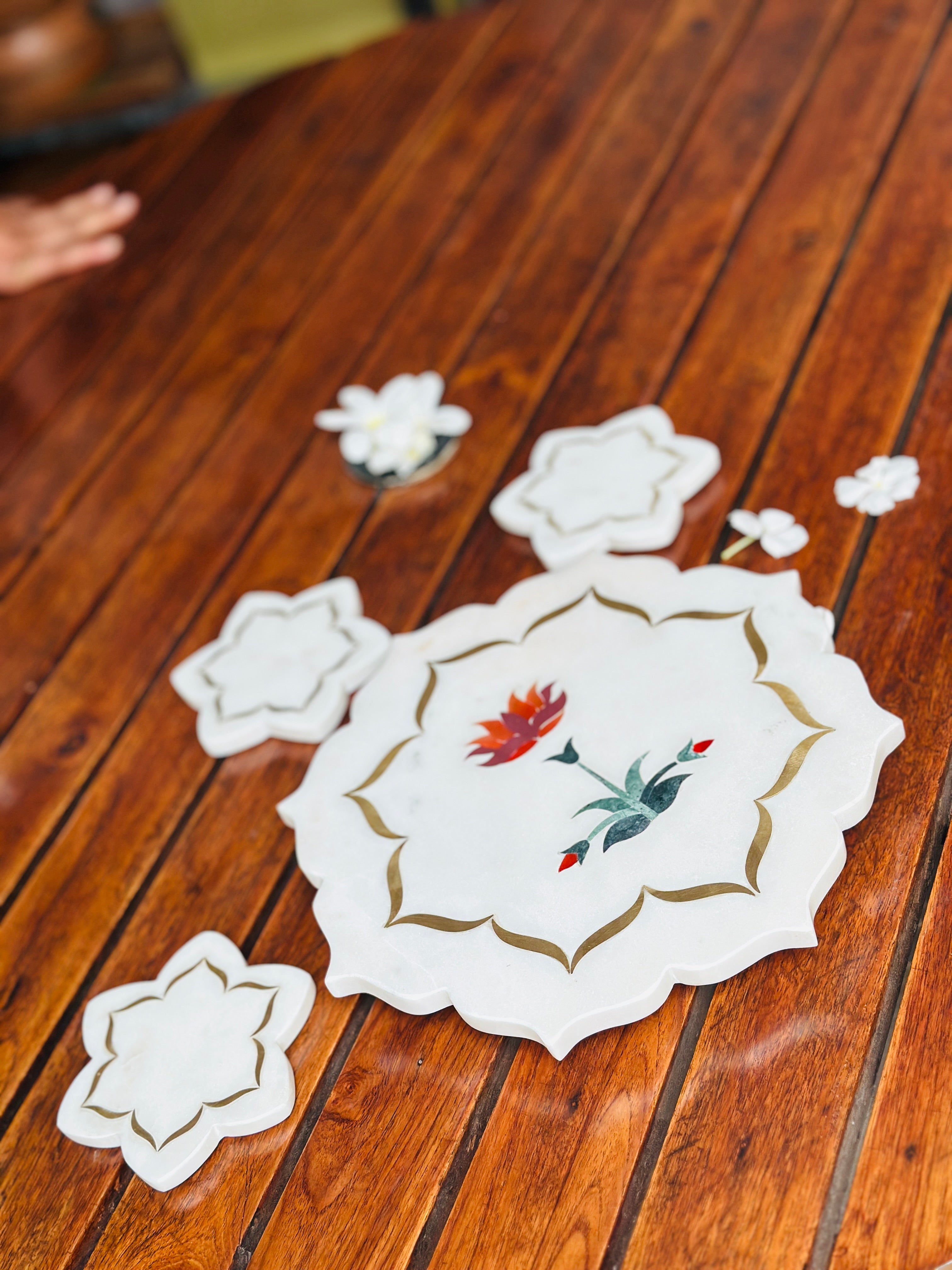 Pichwai Lotus Marble Thali and Coaster Set - Image 10