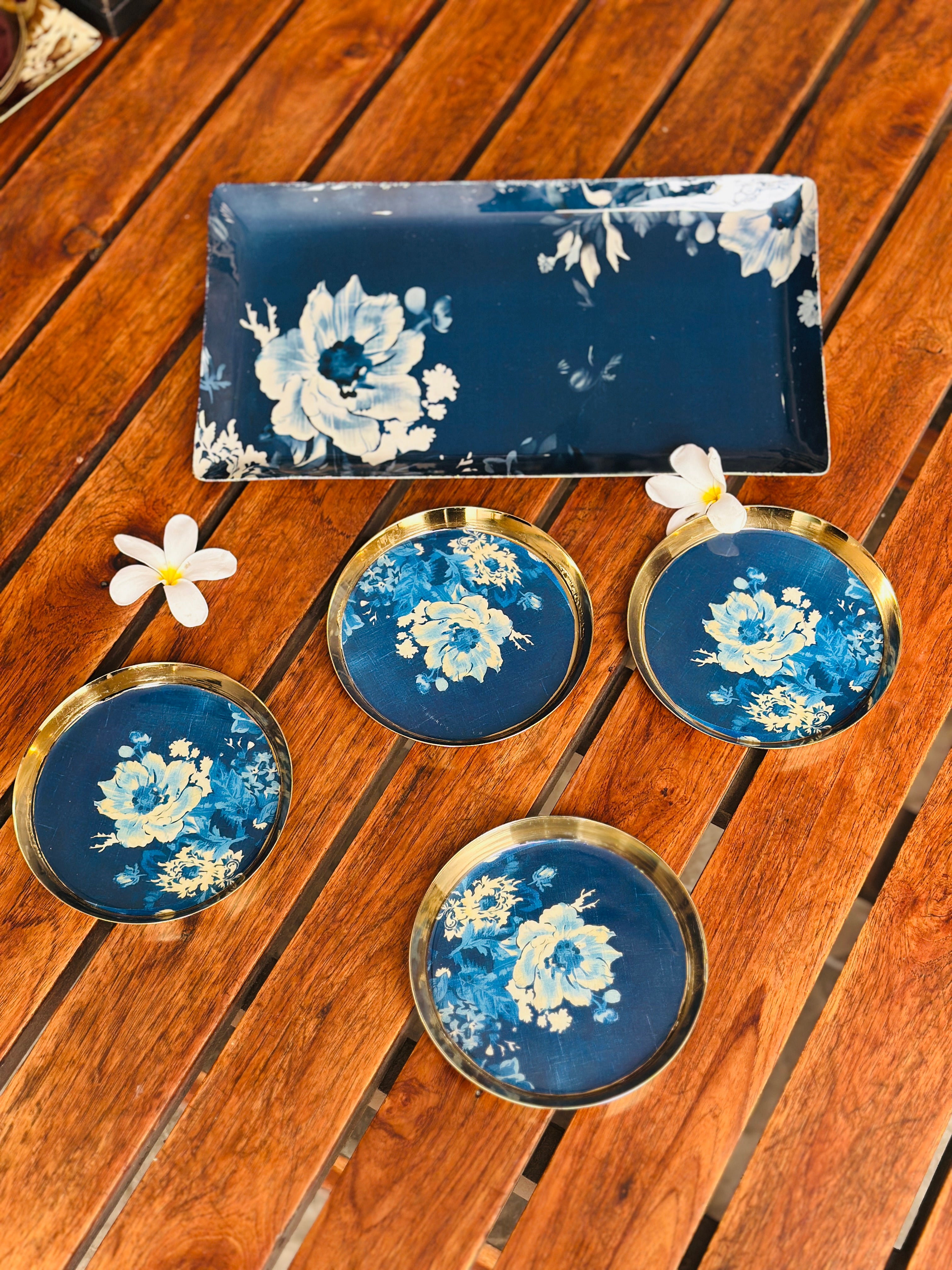 Blue Floral Metal Platter and Bowl Set - Image 1
