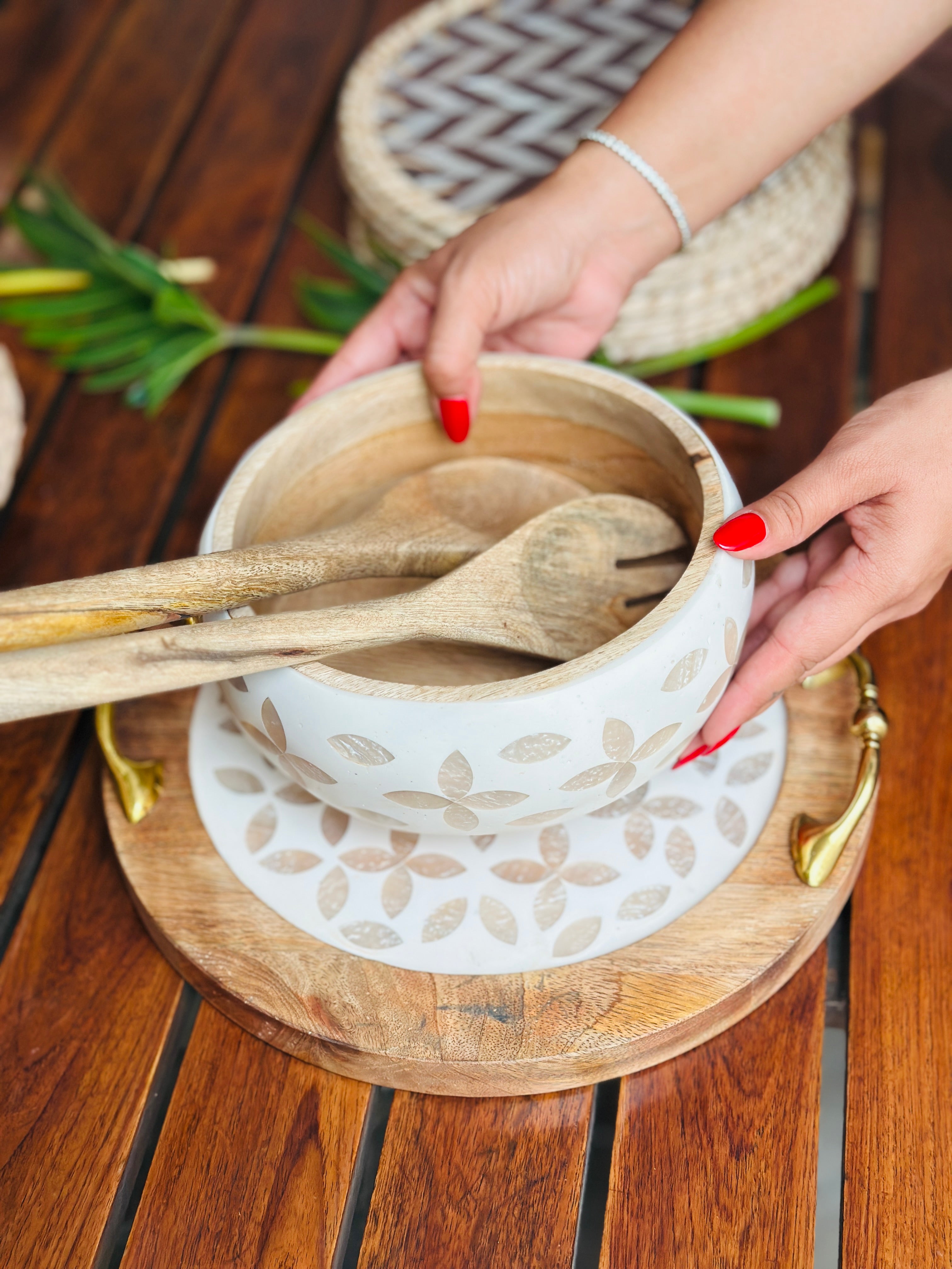 Mother of Pearl Inlay Wooden Salad Bowl Set - Image 1