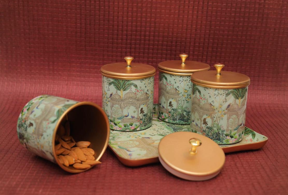 4-Piece Printed Metal Jar Set with Tray – Assorted Designs