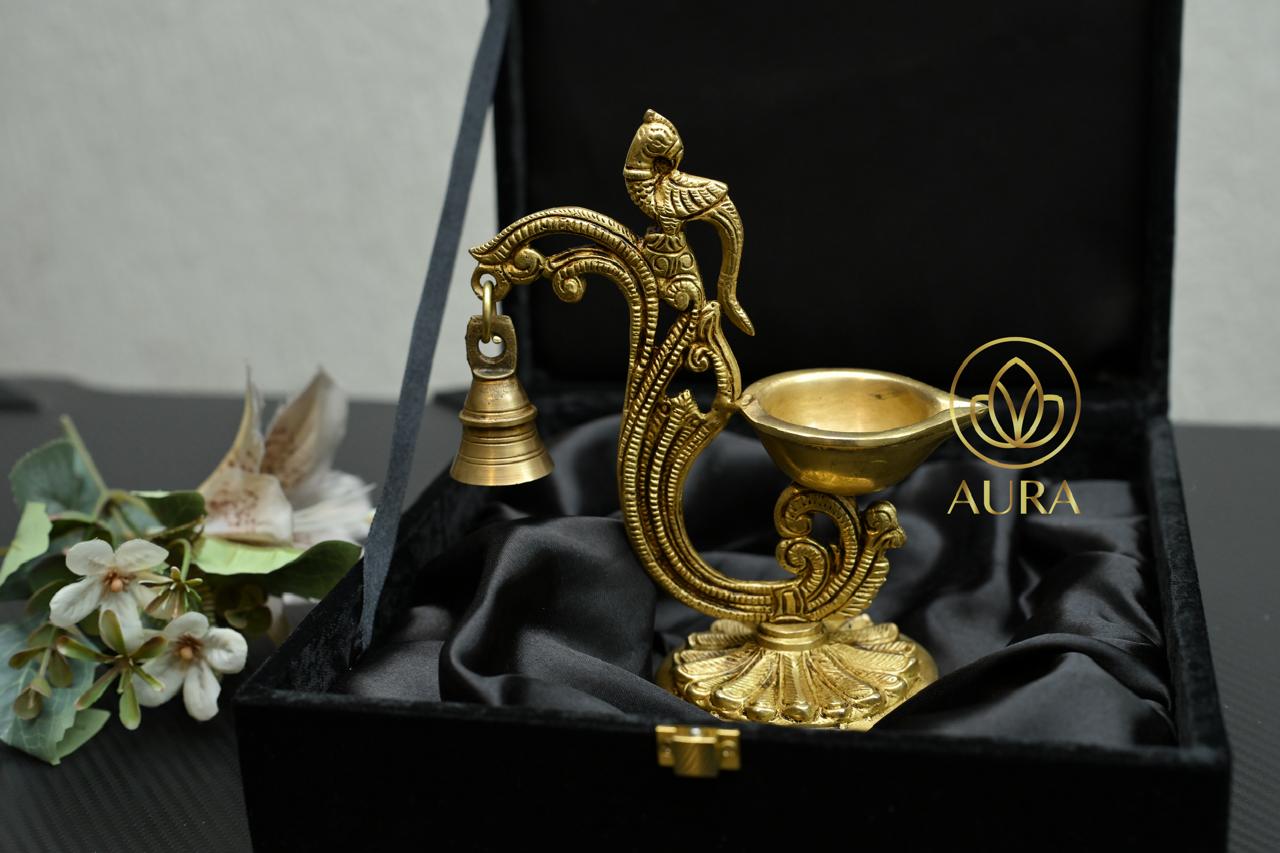 Brass Peacock Diya with Bell & Premium Gift Box - Image 2