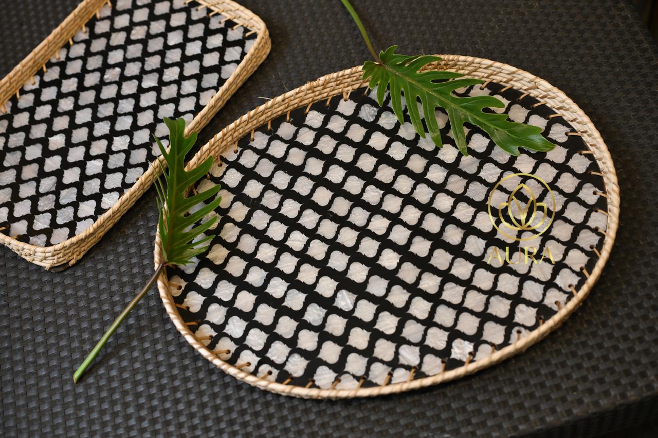 Round Cane Tray with Black & White Pattern - Image 1