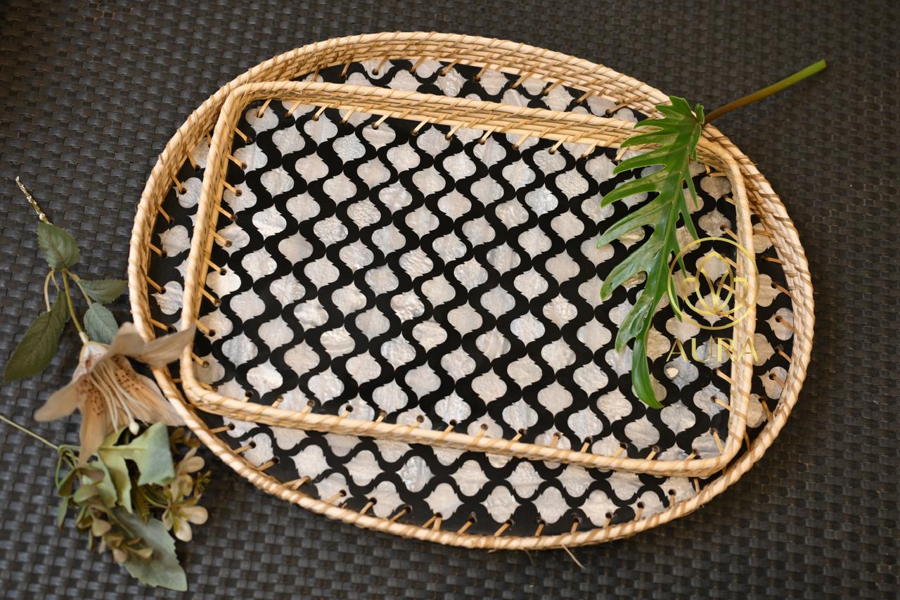 Oval Cane Tray with Black & White Pattern - Image 1