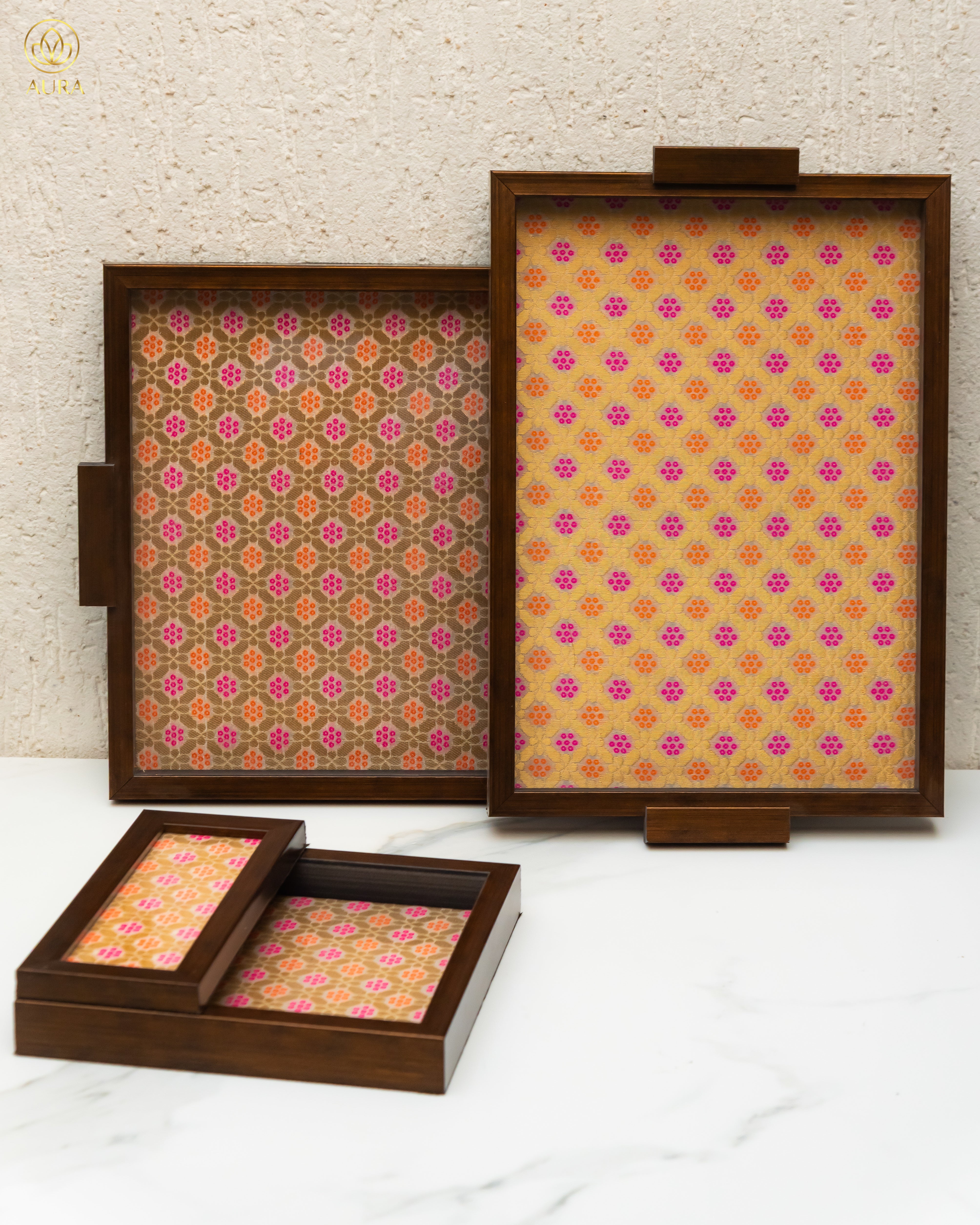Brocade Wooden Tray Set with Matching Napkin Holder