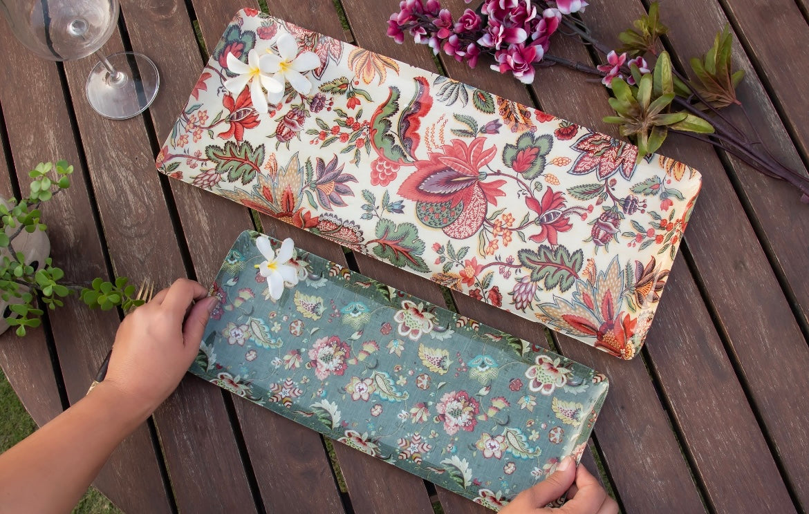Set of 2 Floral Print Metal Serving Platters (Rust & Teal)