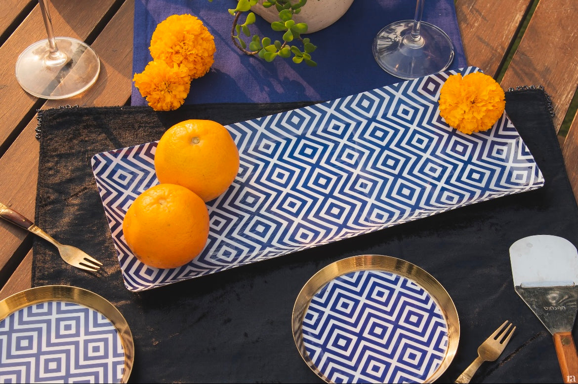 Blue Geometric Metal Platter & Coordinated Snack Plates