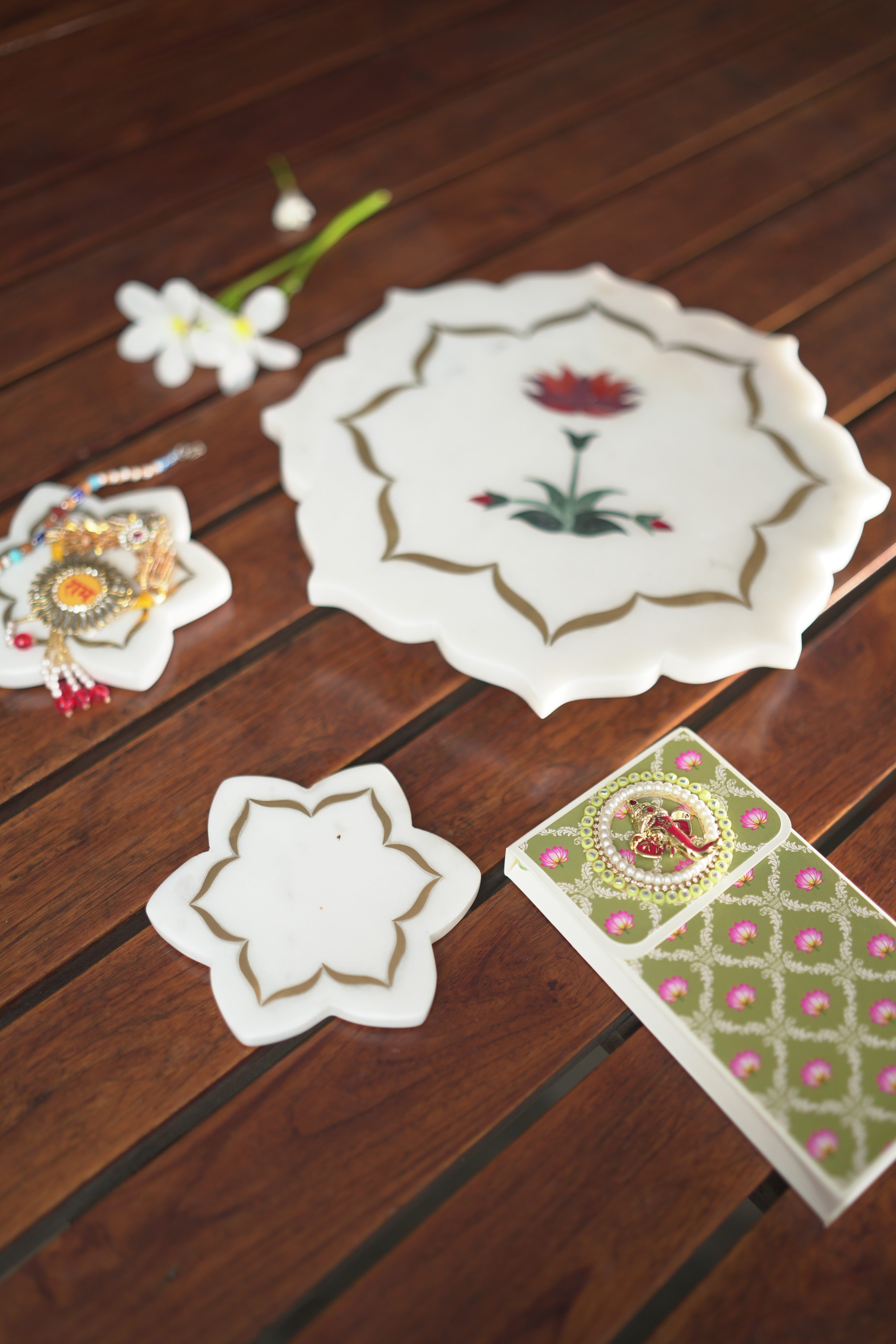Pichwai Lotus Marble Thali and Coaster Set - Image 3
