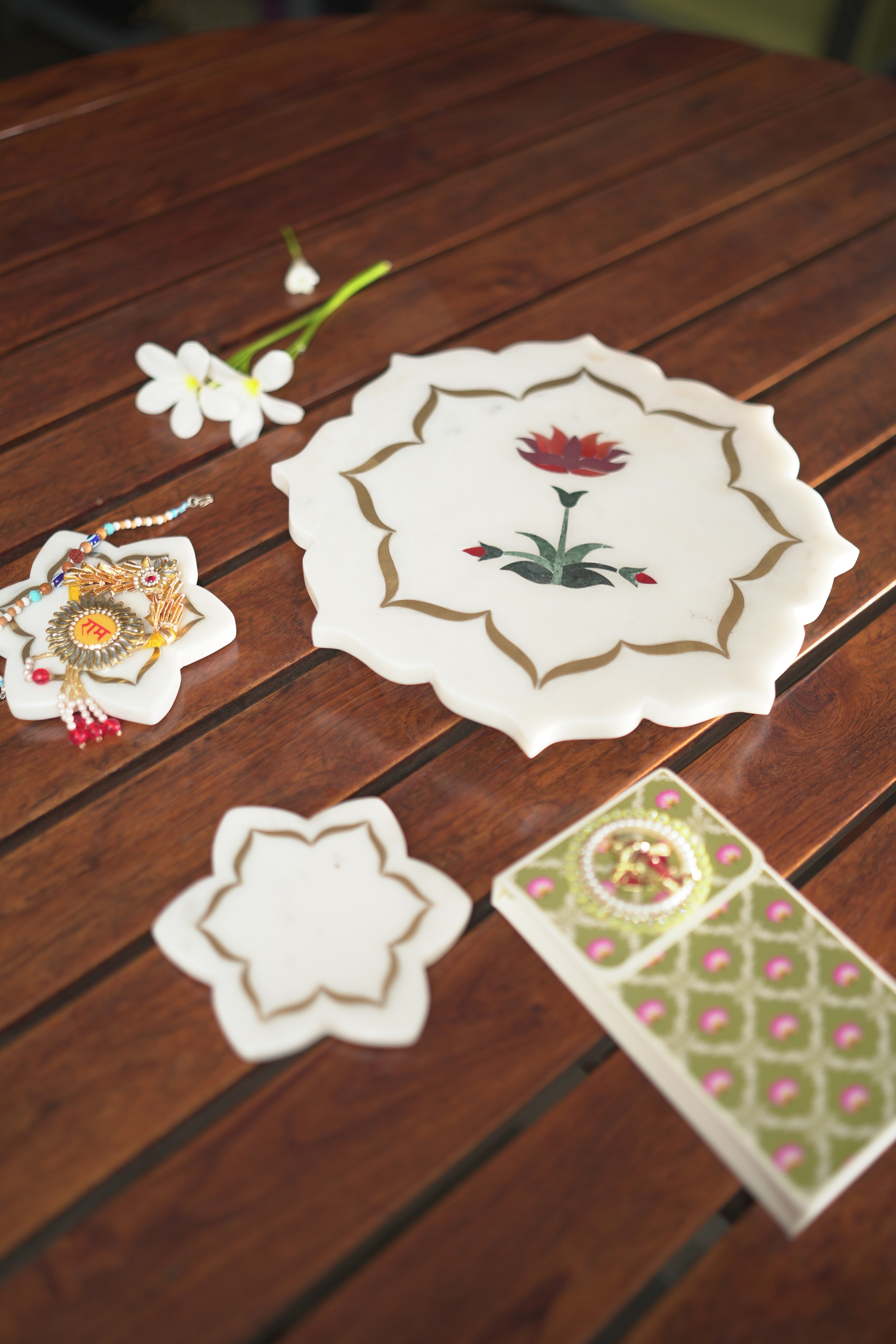 Pichwai Lotus Marble Thali and Coaster Set - Image 4