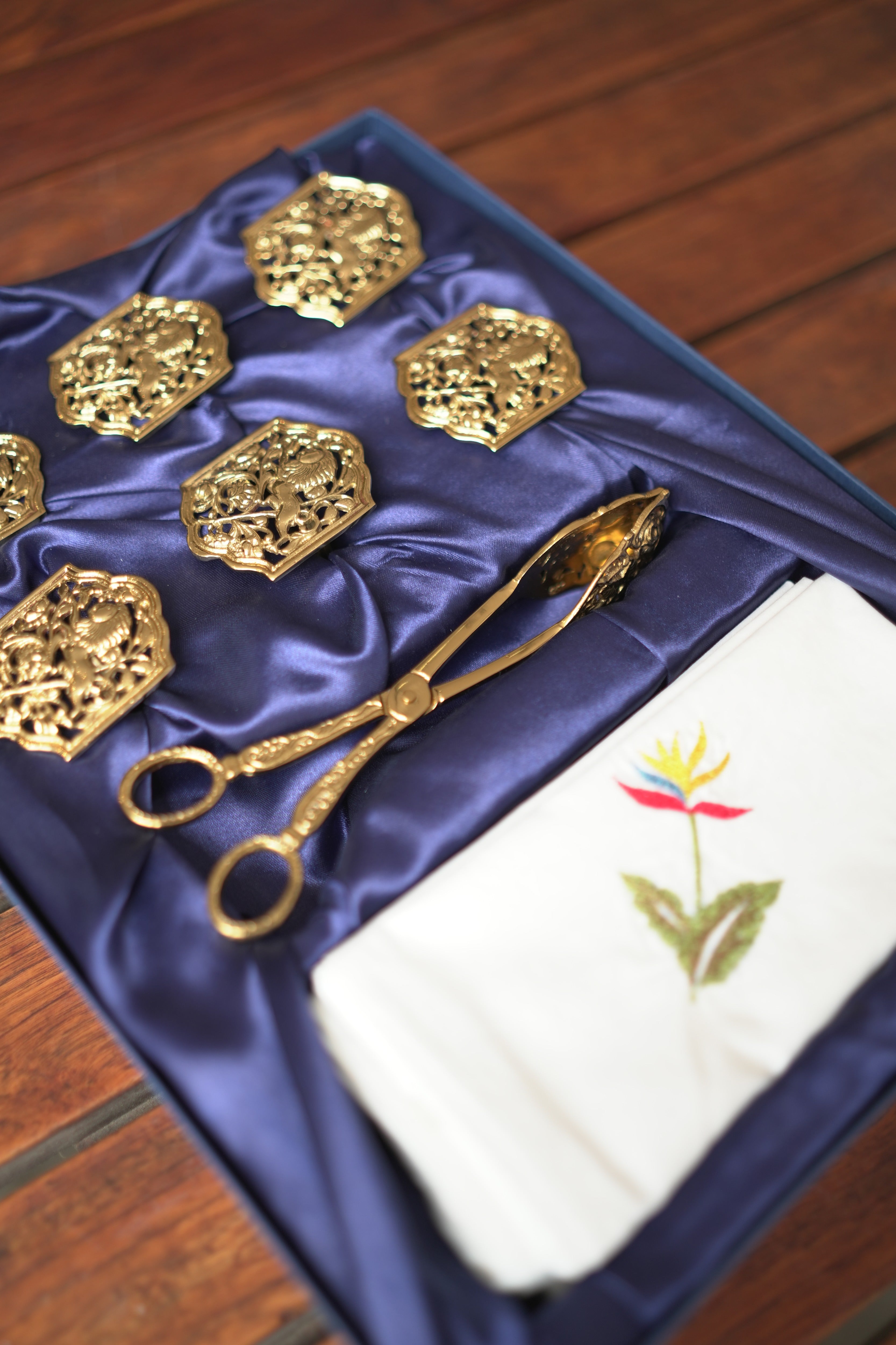 Brass Floral Napkin Ring and Serving Tong Gift Set - Image 1