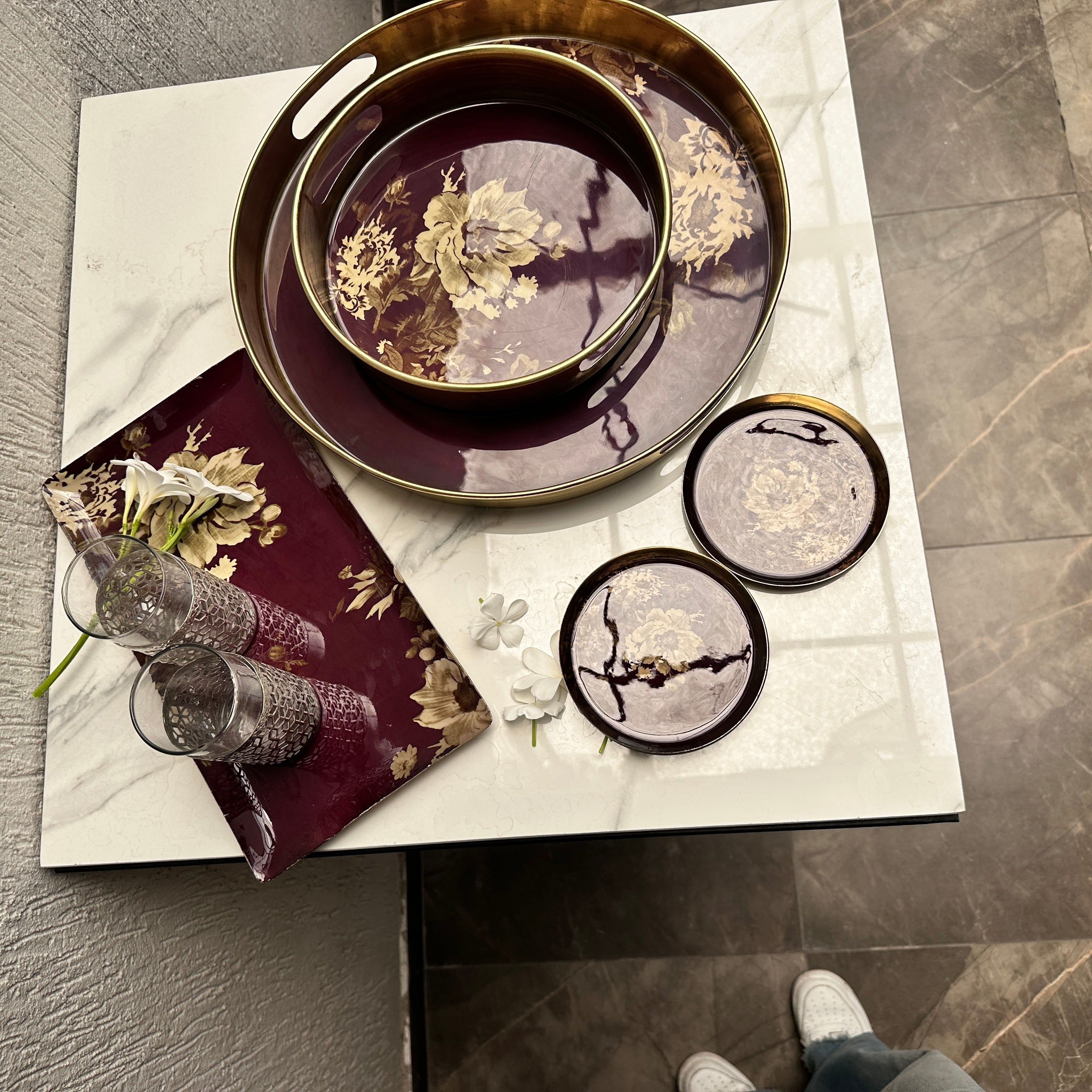 Burgundy Floral Metal Tray and Bowl Set - Image 4