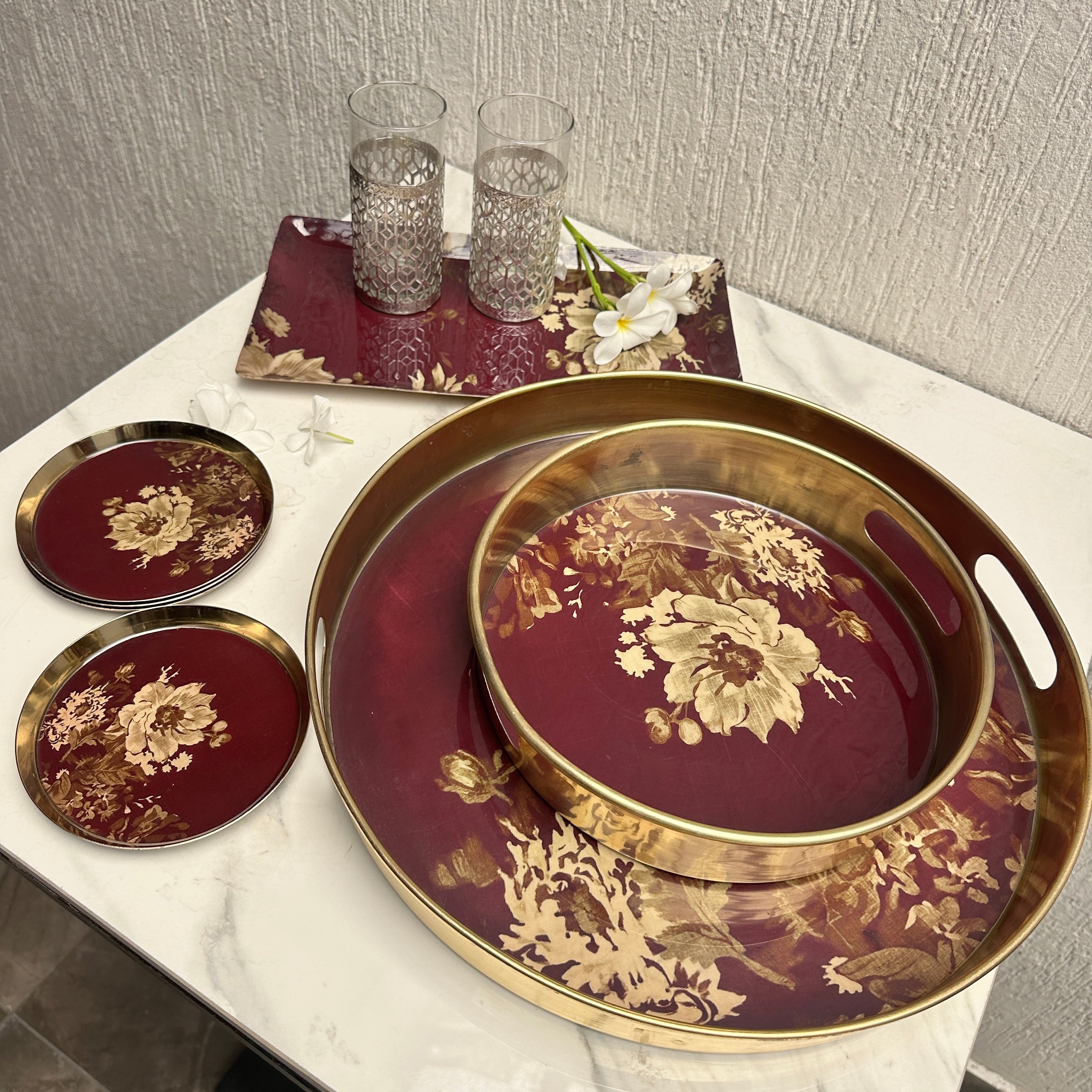 Burgundy Floral Metal Tray and Bowl Set - Image 2