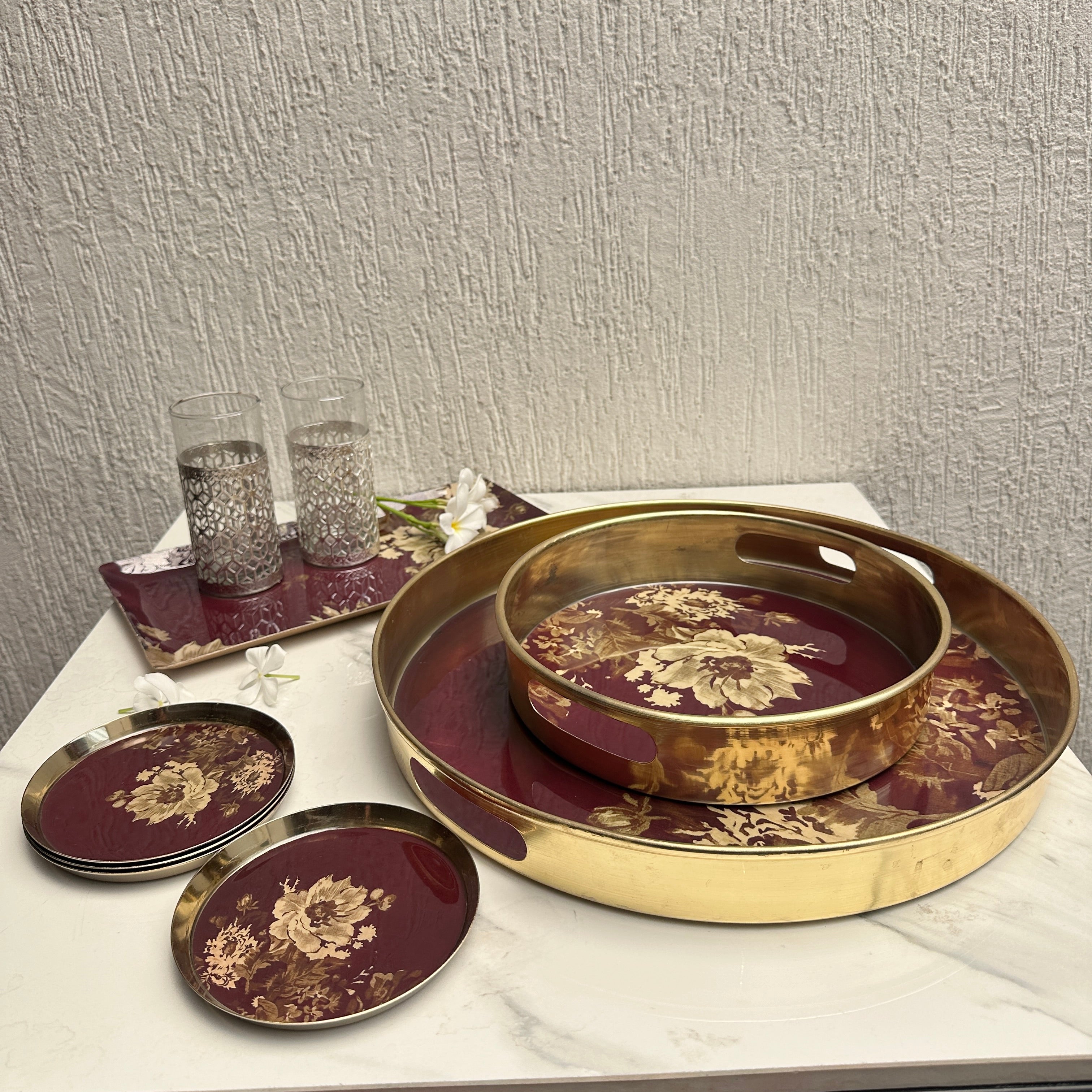 Burgundy Floral Metal Tray and Bowl Set - Image 3