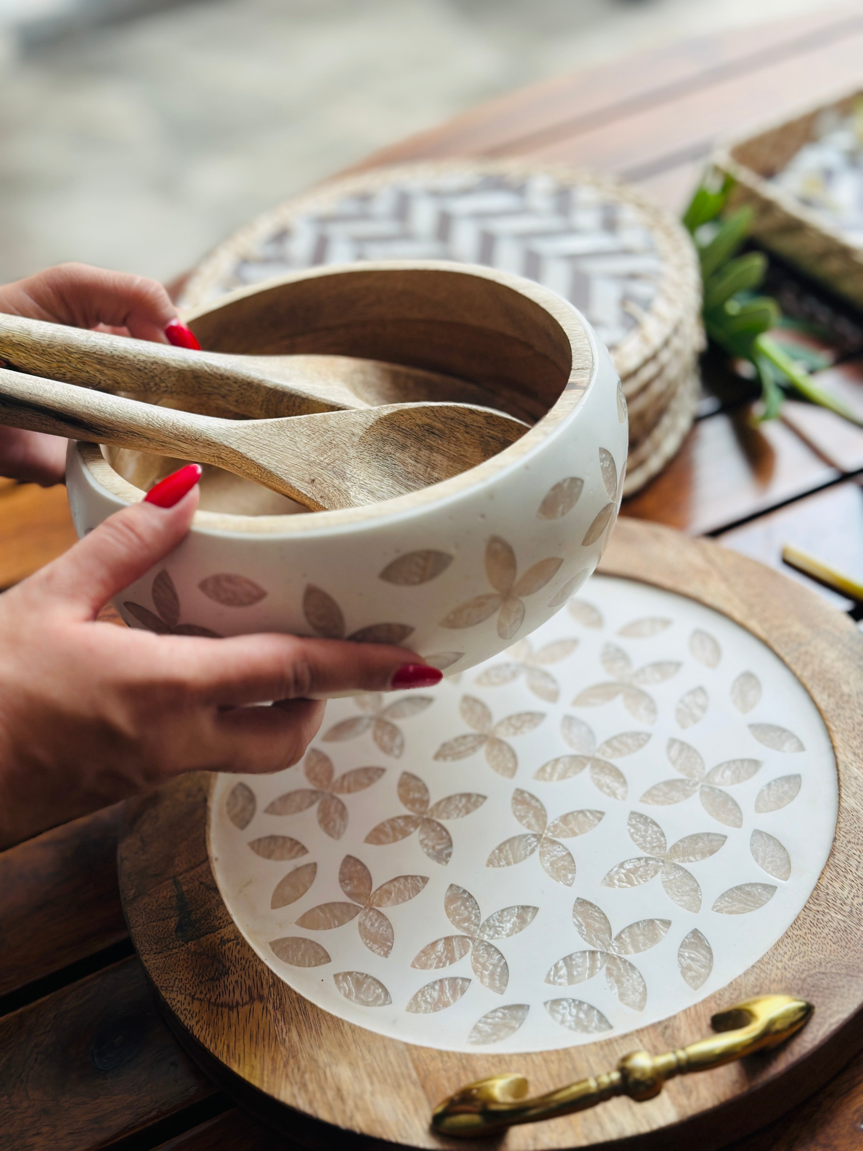 Mother of Pearl Inlay Wooden Salad Bowl Set - Image 2
