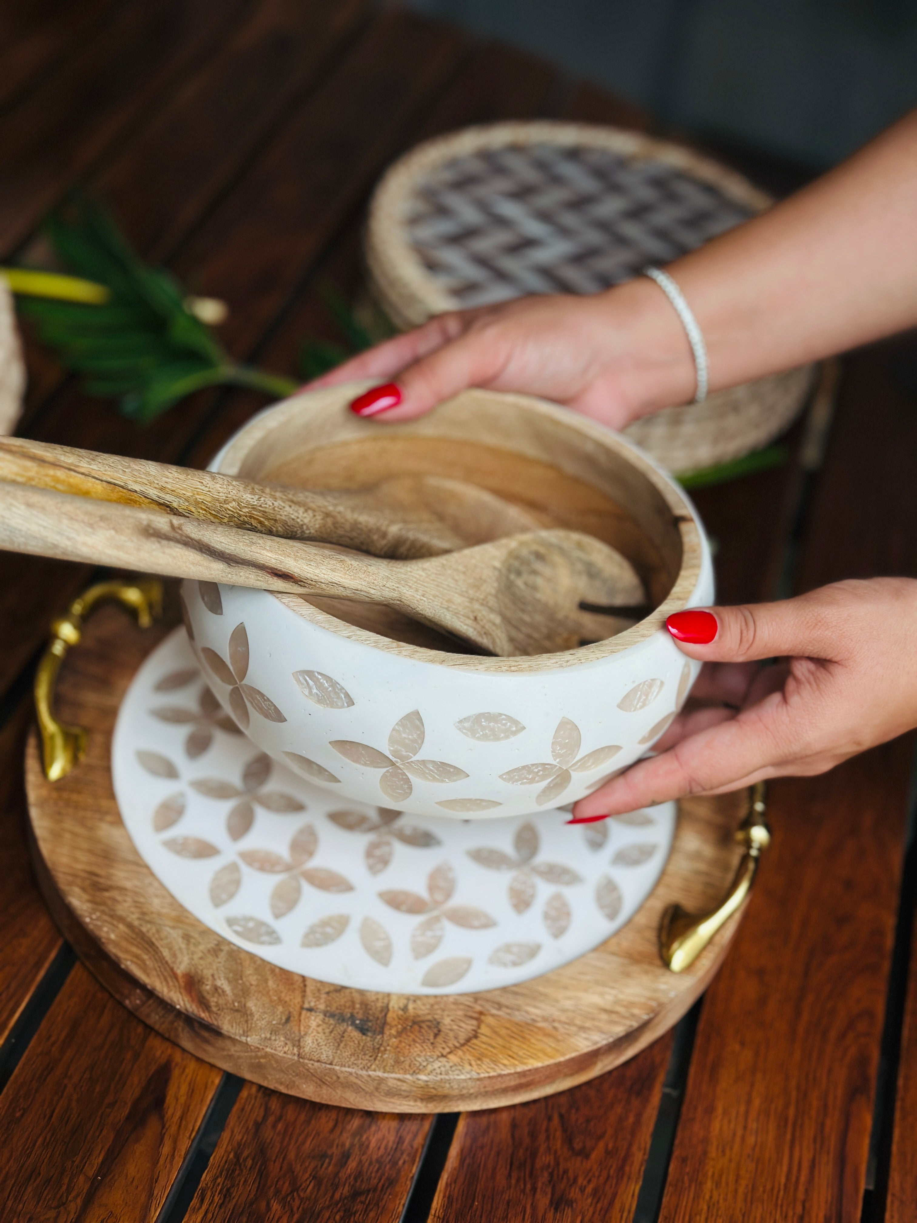 Mother of Pearl Inlay Wooden Salad Bowl Set - Image 3