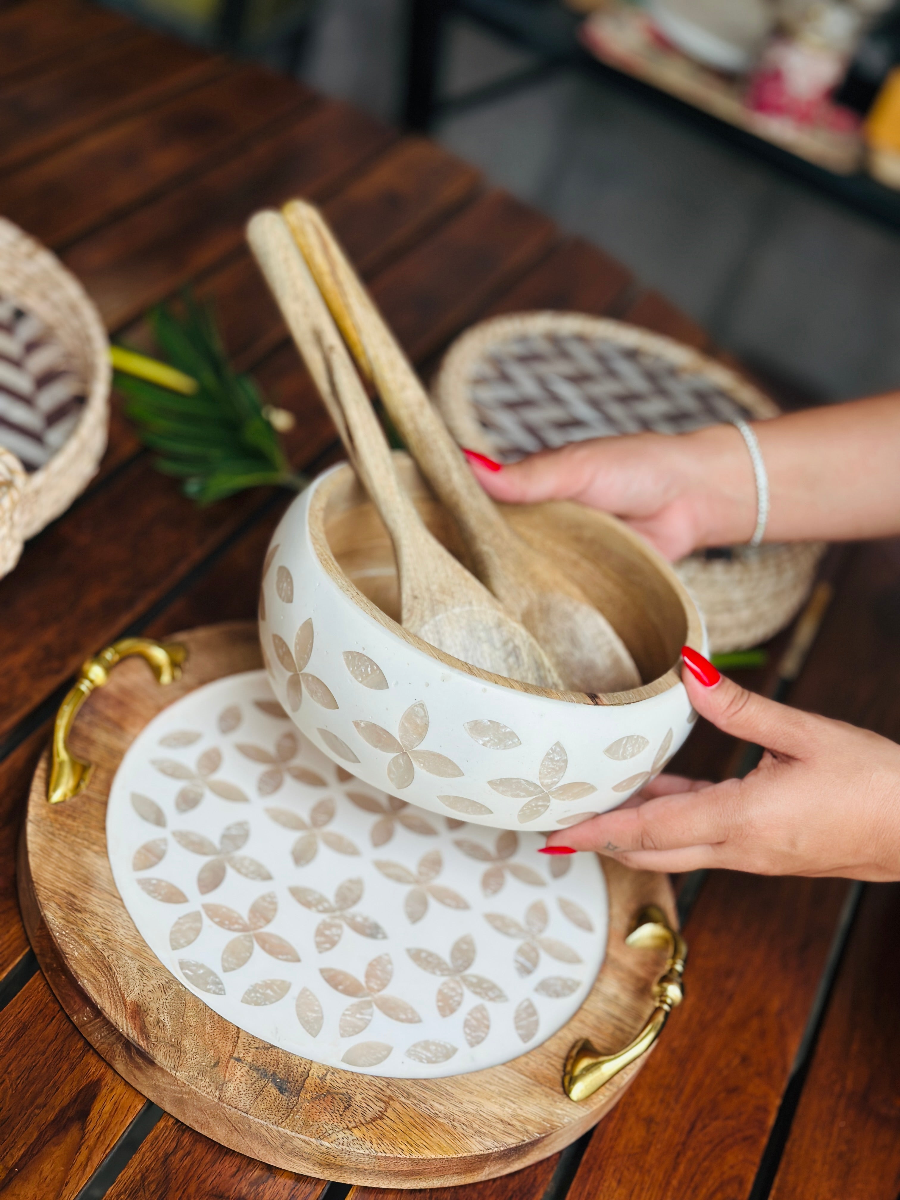 Mother of Pearl Inlay Wooden Salad Bowl Set - Image 4