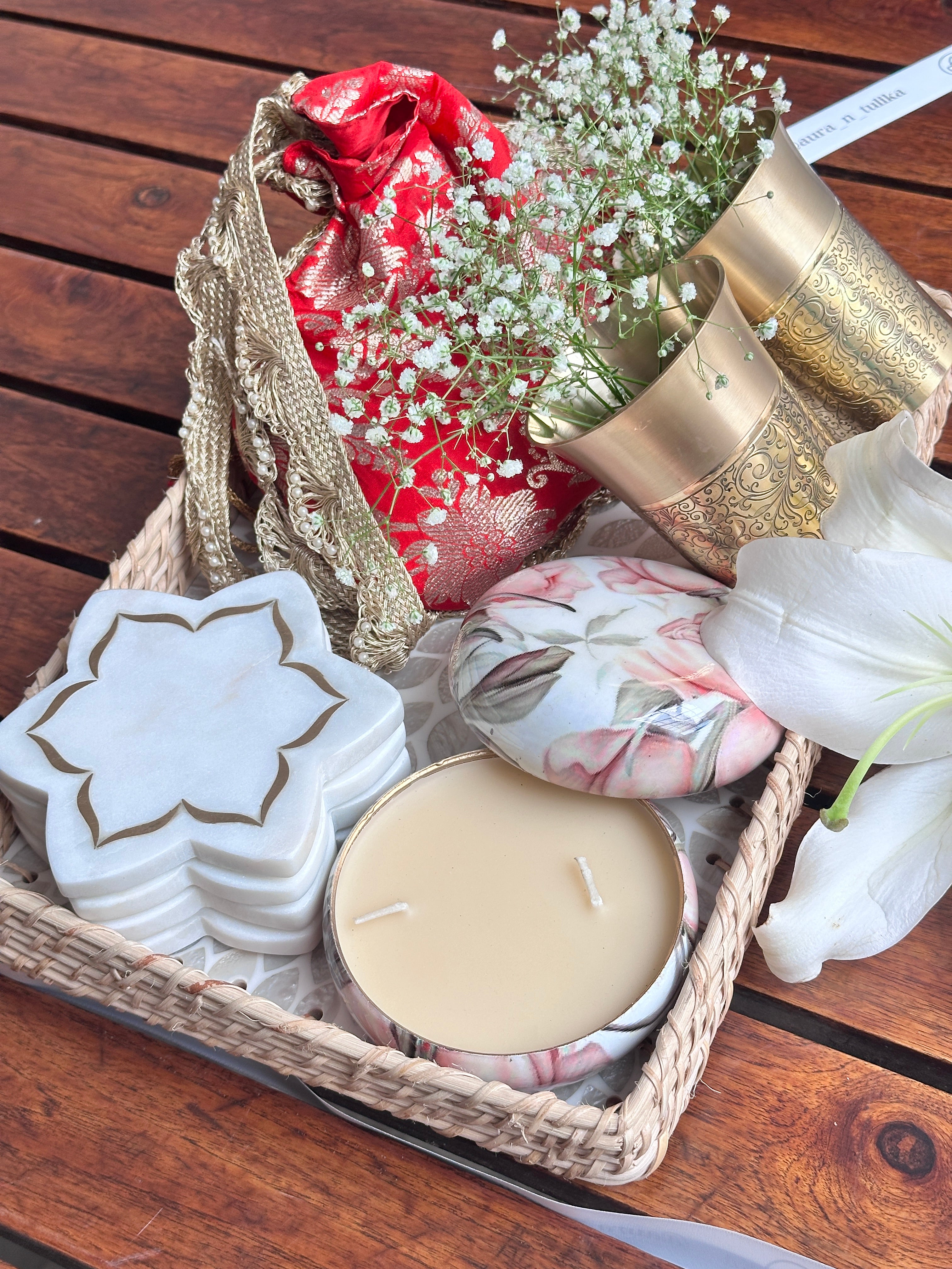 Floral Candle and Brass Tumbler Gift Hamper - Image 1