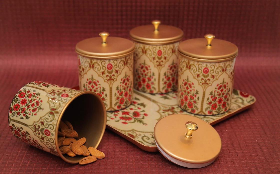 4-Piece Printed Metal Jar Set with Tray – Assorted Designs