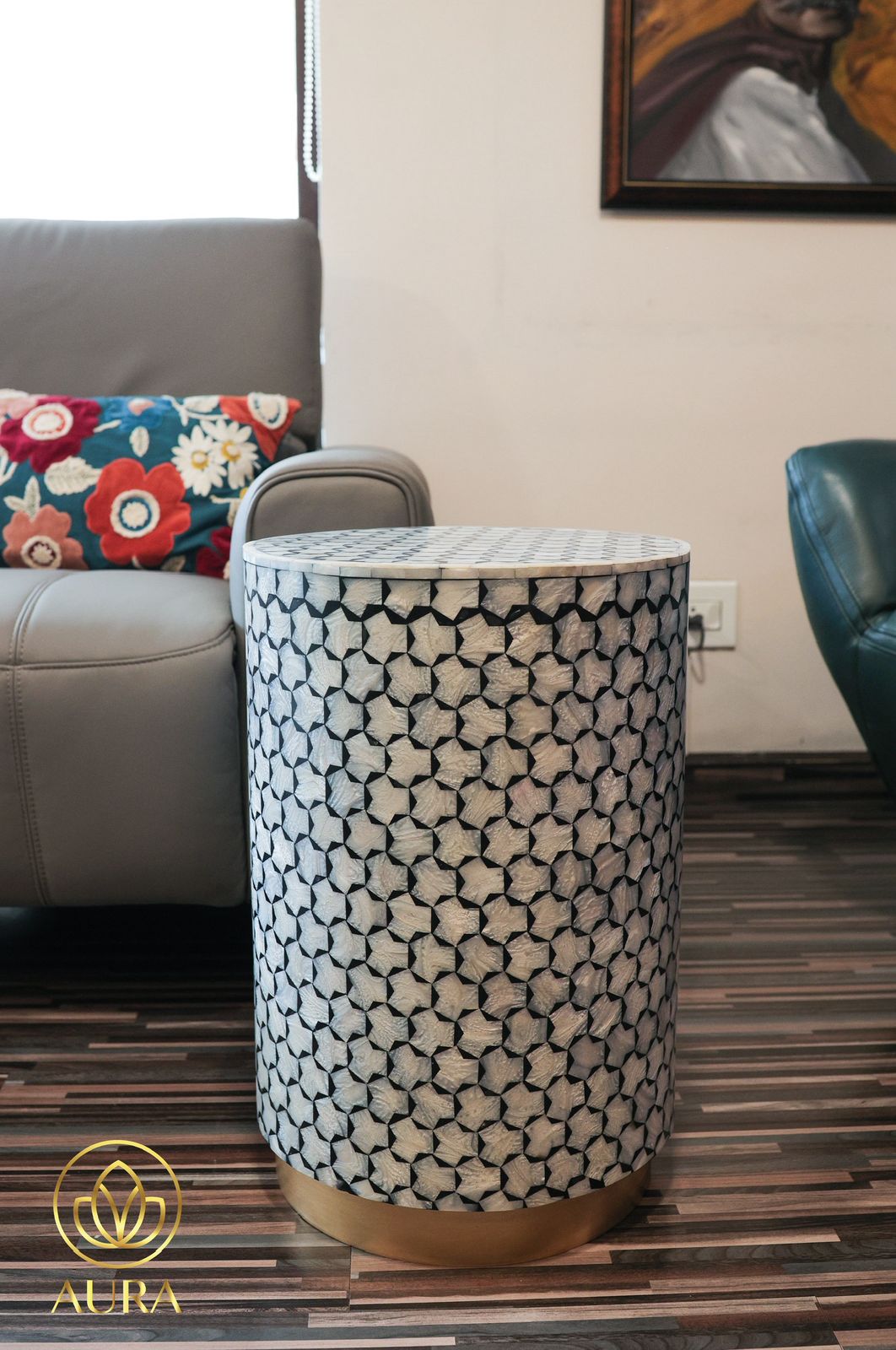 Mother of Pearl Inlay Accent Stool with Gold Base