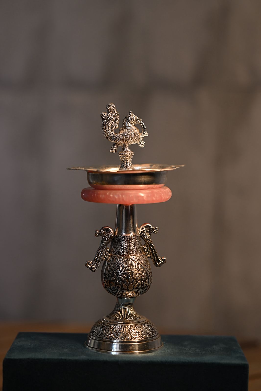 Heritage Annapakshi Silver-Plated Diya with Rose Quartz Accent