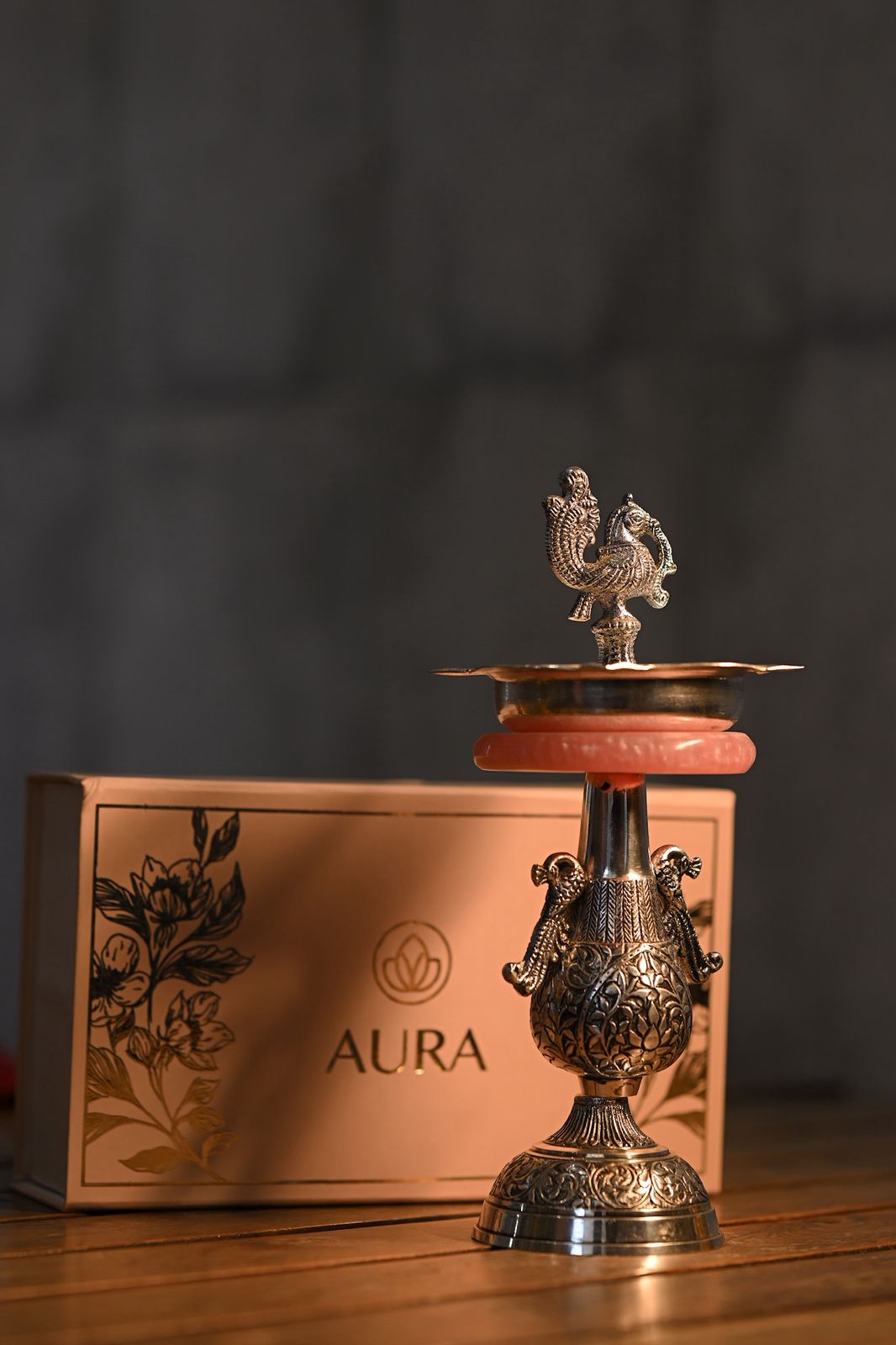 Heritage Annapakshi Silver-Plated Diya with Rose Quartz Accent