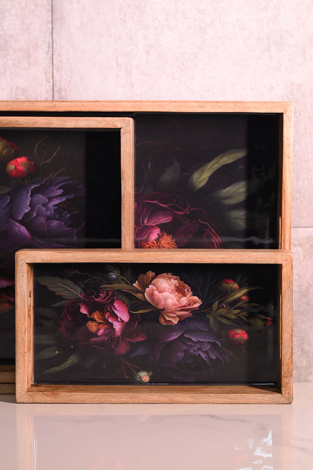 Midnight Bloom Handcrafted Wooden & Resin Tray Set