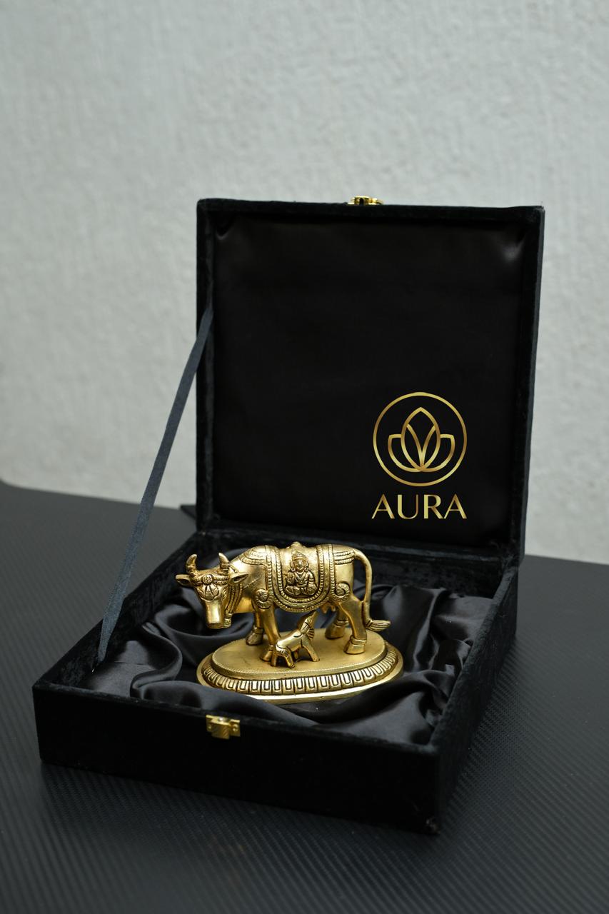 Brass Kamdhenu Cow & Calf Idol with Premium Gift Box - Image 1
