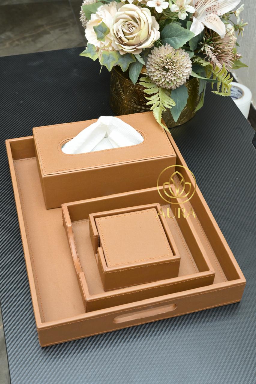 Brown Tissue Box Holder with Organizer Tray - Image 1