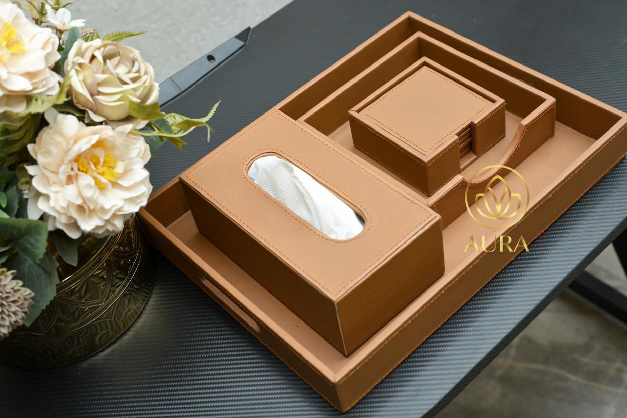 Brown Tissue Box Holder with Organizer Tray - Image 2