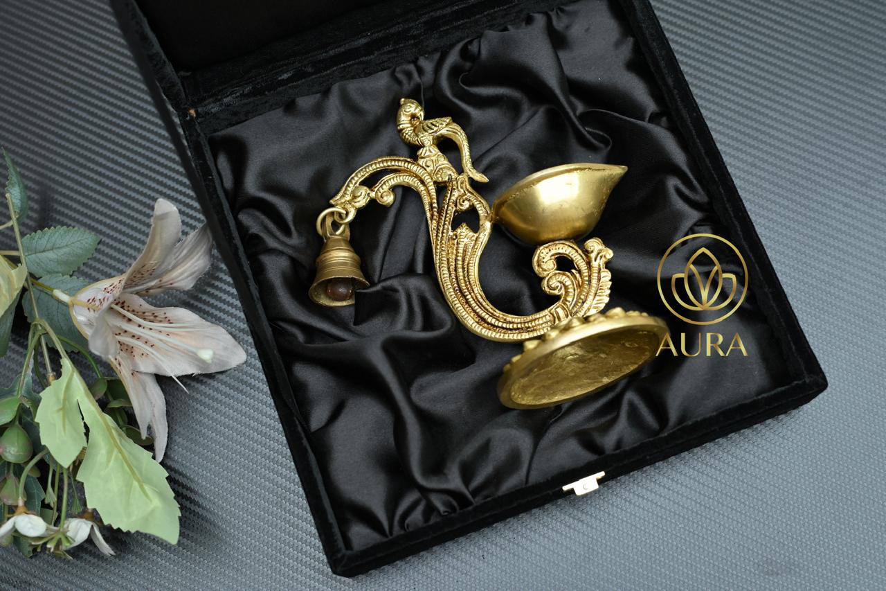 Brass Peacock Diya with Bell & Premium Gift Box - Image 1