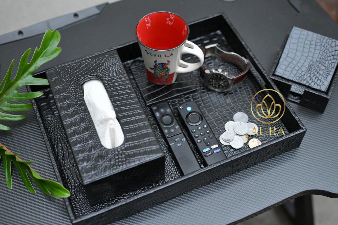 Black Desk Organizer Tray with Tissue Holder - Image 1